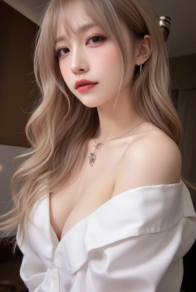Stand in the bathroom, arouse, necklace, earrings, whole body, long white hair, 白色轻薄Transparent bathrobe， superb, ultra high definition, original photo, realism: 1.25), (bright lip gloss, long eyelashes, smooth face , bright skin, natural shadow, wide light, wide light, depth of field, strong colors, subtle caustics: 0.8), Smile, (big ), V6，Transparent bathrobe，see through bathrobe，内衣Do not wear，Do not wear，小裤裤Do not wear，wet，whole body是水，???? pose，shy expression