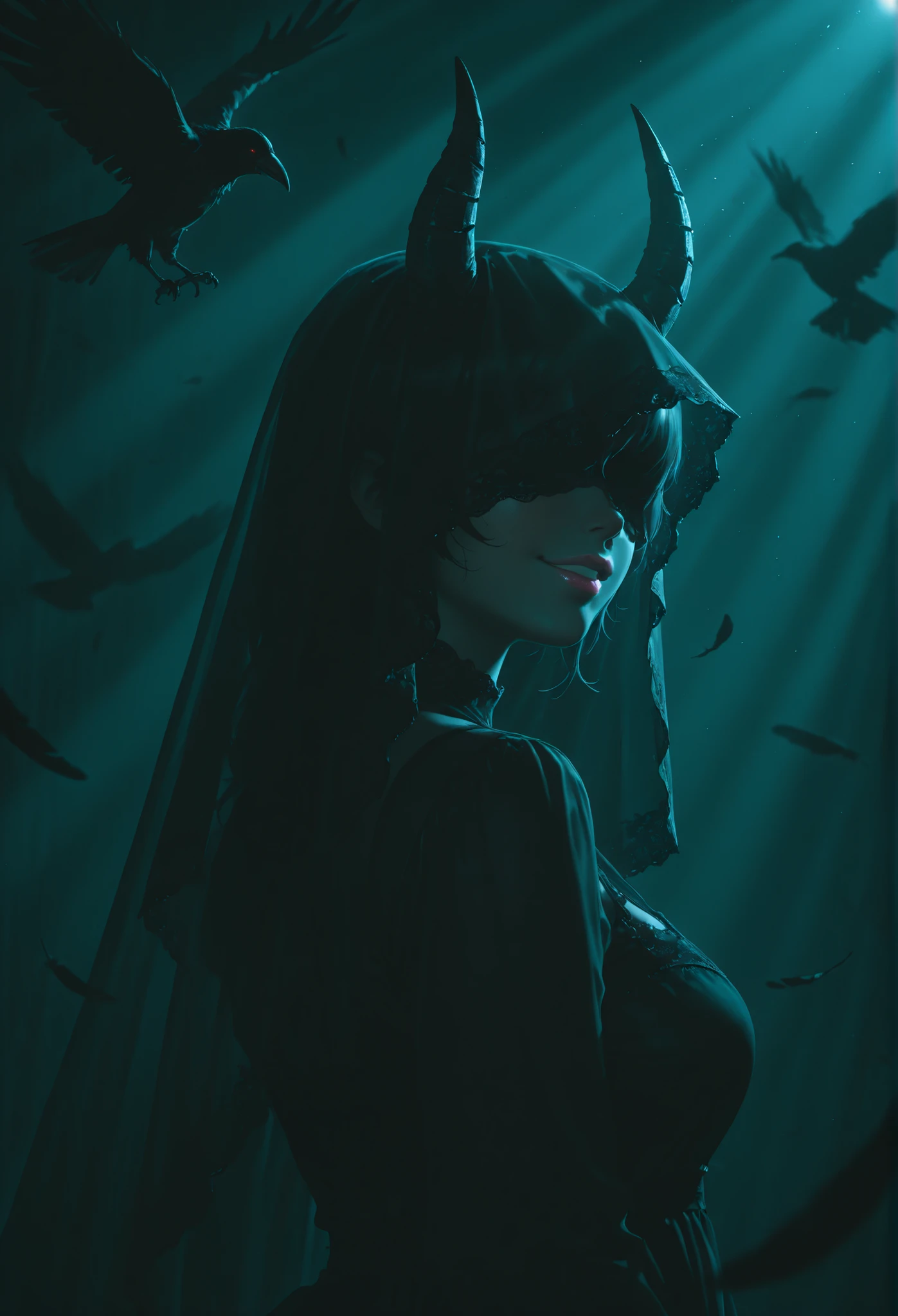 light rays, chiaroscuro, dynamic angle, 1girl, plump lips, sweet lips, pink lips, fair lips, upper body, (dark theme :1.3) ,dark dress, silhouette ,lace, veil , evil smile , seductive smile, crow, Black feathers, demon girl with horns, black iridiscent onix horns, dim iridiscent light over her eyes only, subtle (cinematic lighting, feathers :1.3) , looking back, Caucasian, (shiny outline, depth of field , blurry,