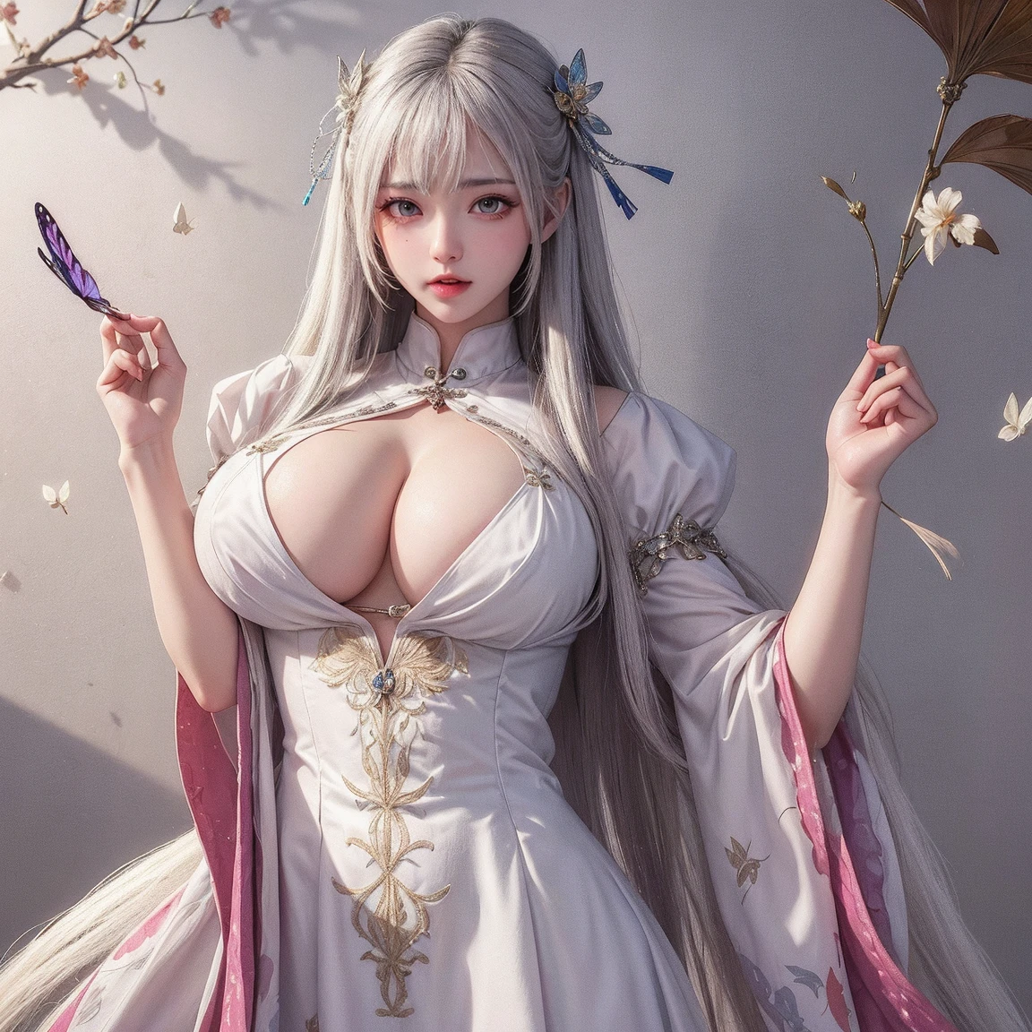 The upper part of the body、one girls、i have silver hair color、Two-tone、(highlight pink)、Bun hair、Curly hair，floral headband、very Bigger breasts、very heavy and big breasts、Kimono、lace bathrobe、off shoulders、Angle looking down from above，