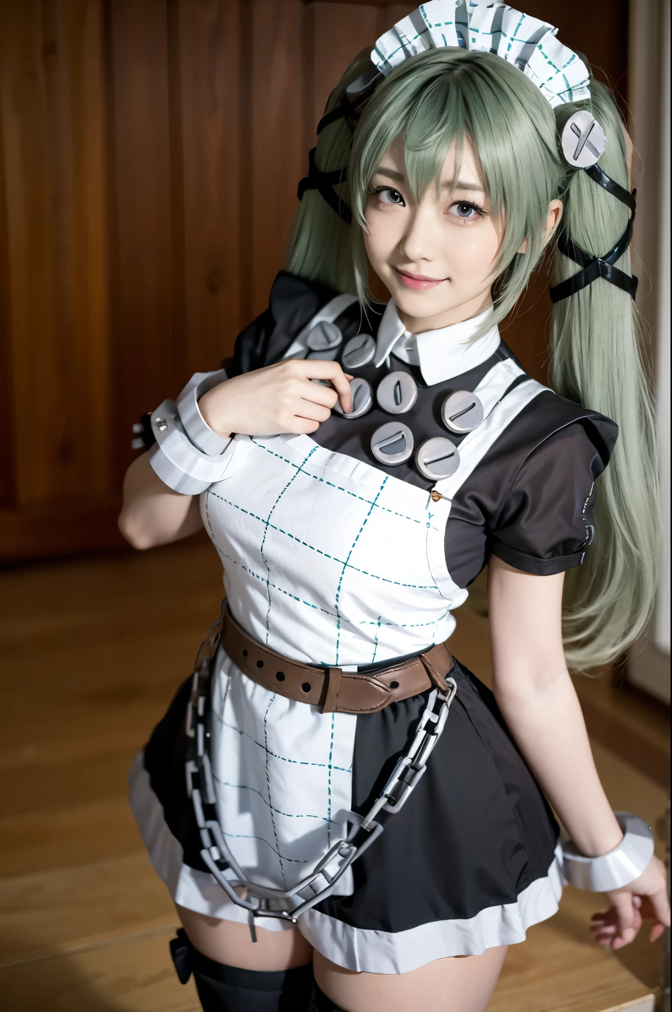 1girl, solo, Japanese beautiful girl, looking at viewer, (evil smile:1.3),
moderate waist, (huge breasts:1.25), full hips,
(Best quality, 8k, 32k, Masterpiece, UHD:1.2), 
beautiful face, perfect face, highly detailed beautiful face and eyes, attractive face, detailed skin, skin blemish, 
BREAK
upper body, standing, active Pose, dynamic angle,
corin cosplay costume,corin,cosplay,long hair, (green hair:1.2),twintails,hair ornament,maid,dress,frilled dress,frills,apron,maid apron,maid headdress,puffy short sleeves,belt,chain,wrist cuffs,cuffs,handcuffs,ribbon,boots,knee boots,