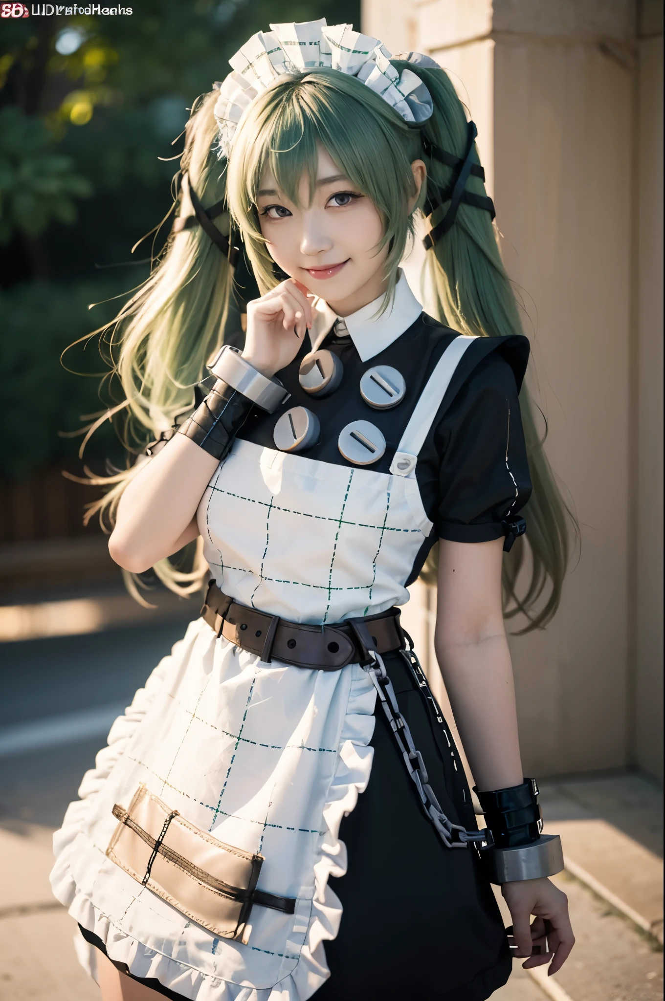 1girl, solo, Japanese beautiful girl, looking at viewer, (evil smile:1.3),
moderate waist, (huge breasts:1.25), full hips,
(Best quality, 8k, 32k, Masterpiece, UHD:1.2),
beautiful face, perfect face, highly detailed beautiful face and eyes, attractive face, detailed skin, skin blemish,
BREAK
upper body, standing, active Pose, dynamic angle,
corin cosplay costume,corin,cosplay,long hair, (green hair:1.2),twintails,hair ornament,maid,dress,frilled dress,frills,apron,maid apron,maid headdress,puffy short sleeves,belt,chain,wrist cuffs,cuffs,handcuffs,ribbon,boots,knee boots,