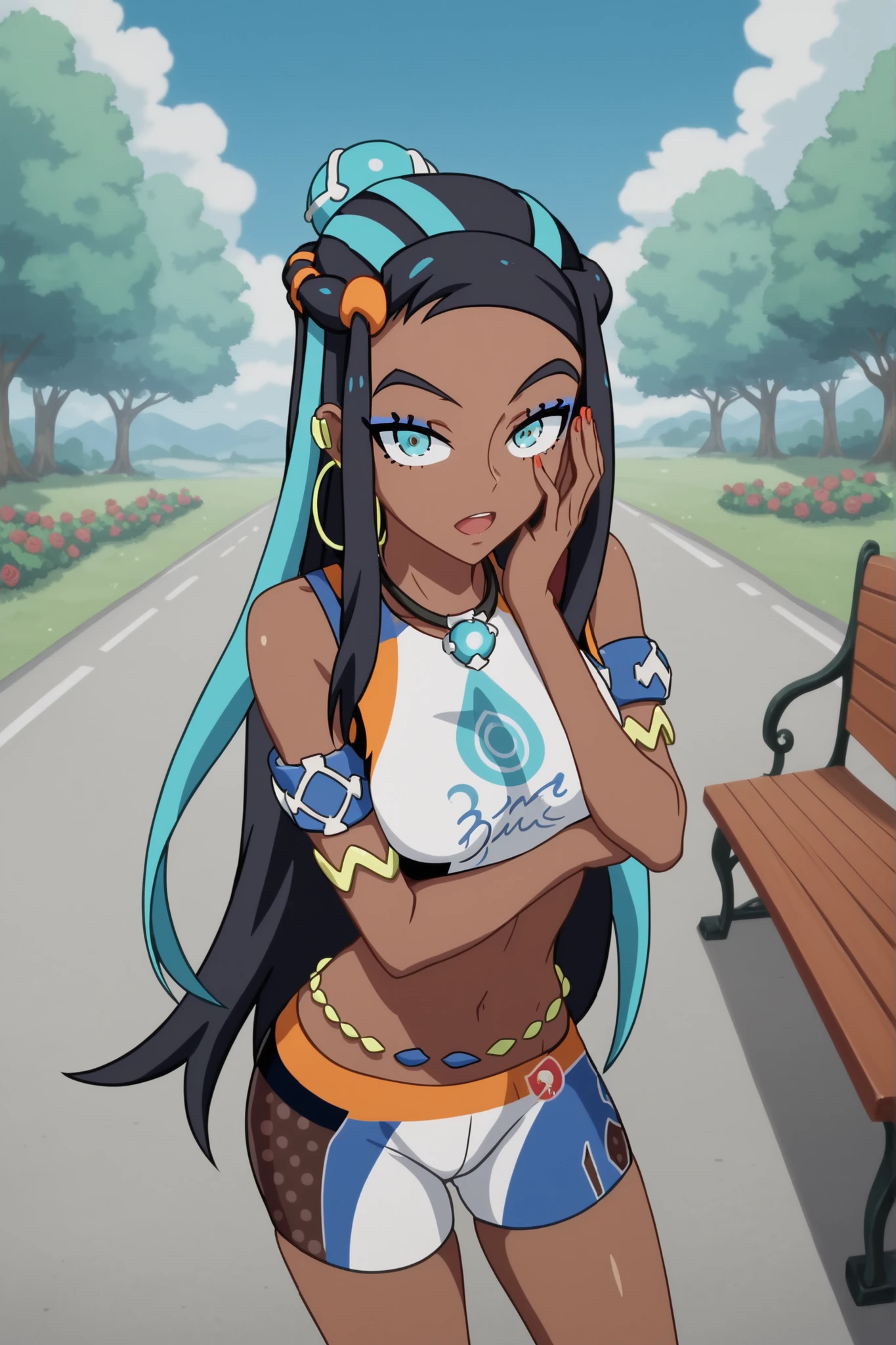 armlet, bare arms, belly chain, bike shorts, bikini, crop top, earrings, gloves, half gloves, hoop earrings, jewelry, midriff, navel, necklace, short shorts, shorts, swimsuit, tankini,,nessa, nessa (pokemon), aqua eyes, eyeshadow, dark skin, dark-skinned female, hair bun, hair ornament, makeup, long hair, sidelocks, single hair bun, thick eyebrows, black hair, aqua hair, streaked hair, mature female, medium breasts, anime screencap,, dagashi kashi, solo, looking at viewer, open mouth, hair ornament, bow, flower, short sleeves, outdoors, frills, hairband, sky, day, cloud, hair flower, nail polish, rose, red nails, hand on own face, breast hold, hand on own cheek, ringed eyes, road, bench, black flower, sidewalk,