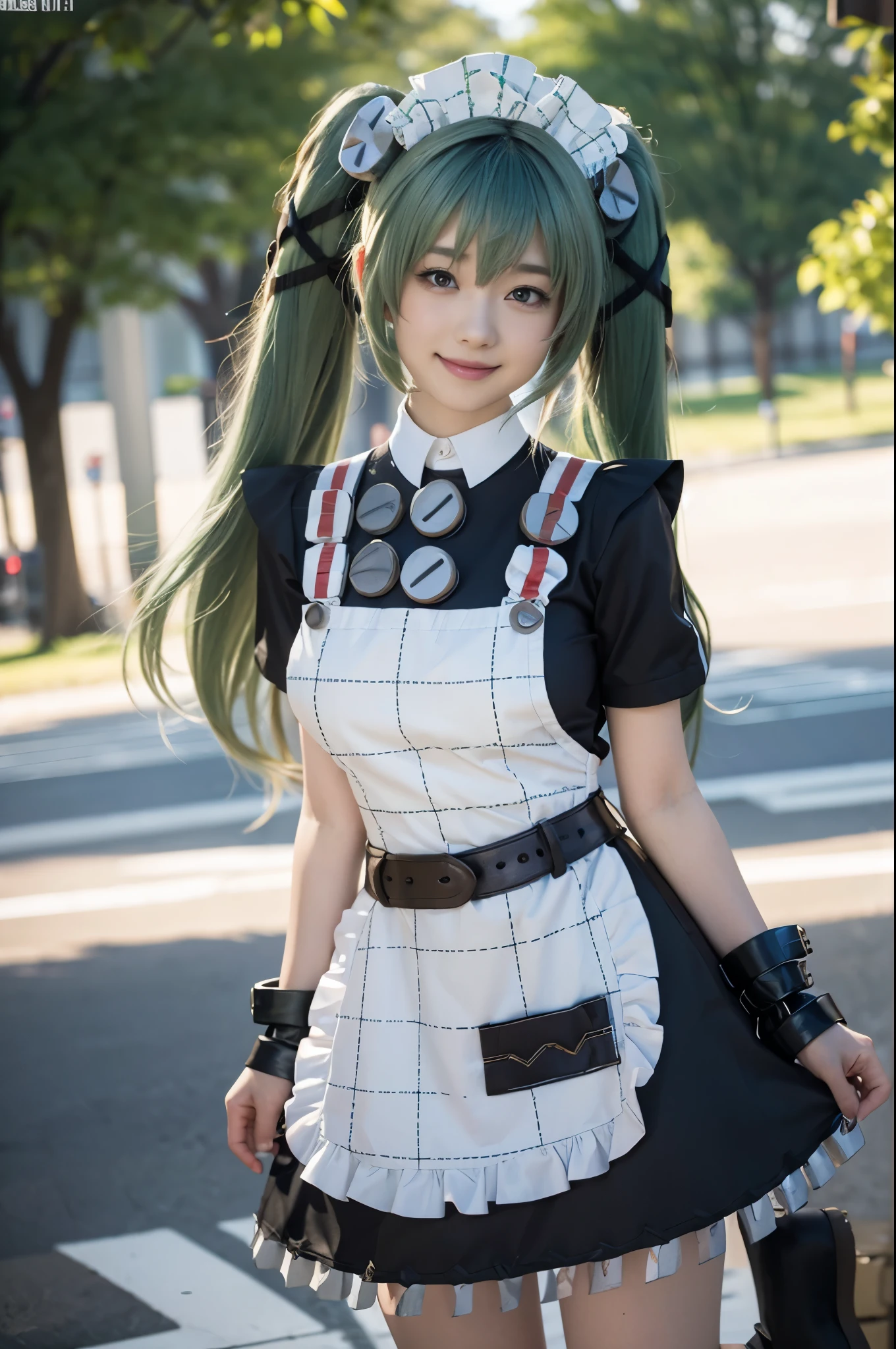 1girl, solo, Japanese beautiful girl, looking at viewer, (evil smile:1.3),
moderate waist, (huge breasts:1.25), full hips,
(Best quality, 8k, 32k, Masterpiece, UHD:1.2),
beautiful face, perfect face, highly detailed beautiful face and eyes, attractive face, detailed skin, skin blemish,
BREAK
upper body, standing, active Pose, dynamic angle,
corin cosplay costume,corin,cosplay,long hair, (green hair:1.2),twintails,hair ornament,maid,dress,frilled dress,frills,apron,maid apron,maid headdress,puffy short sleeves,belt,chain,wrist cuffs,cuffs,handcuffs,ribbon,boots,knee boots,