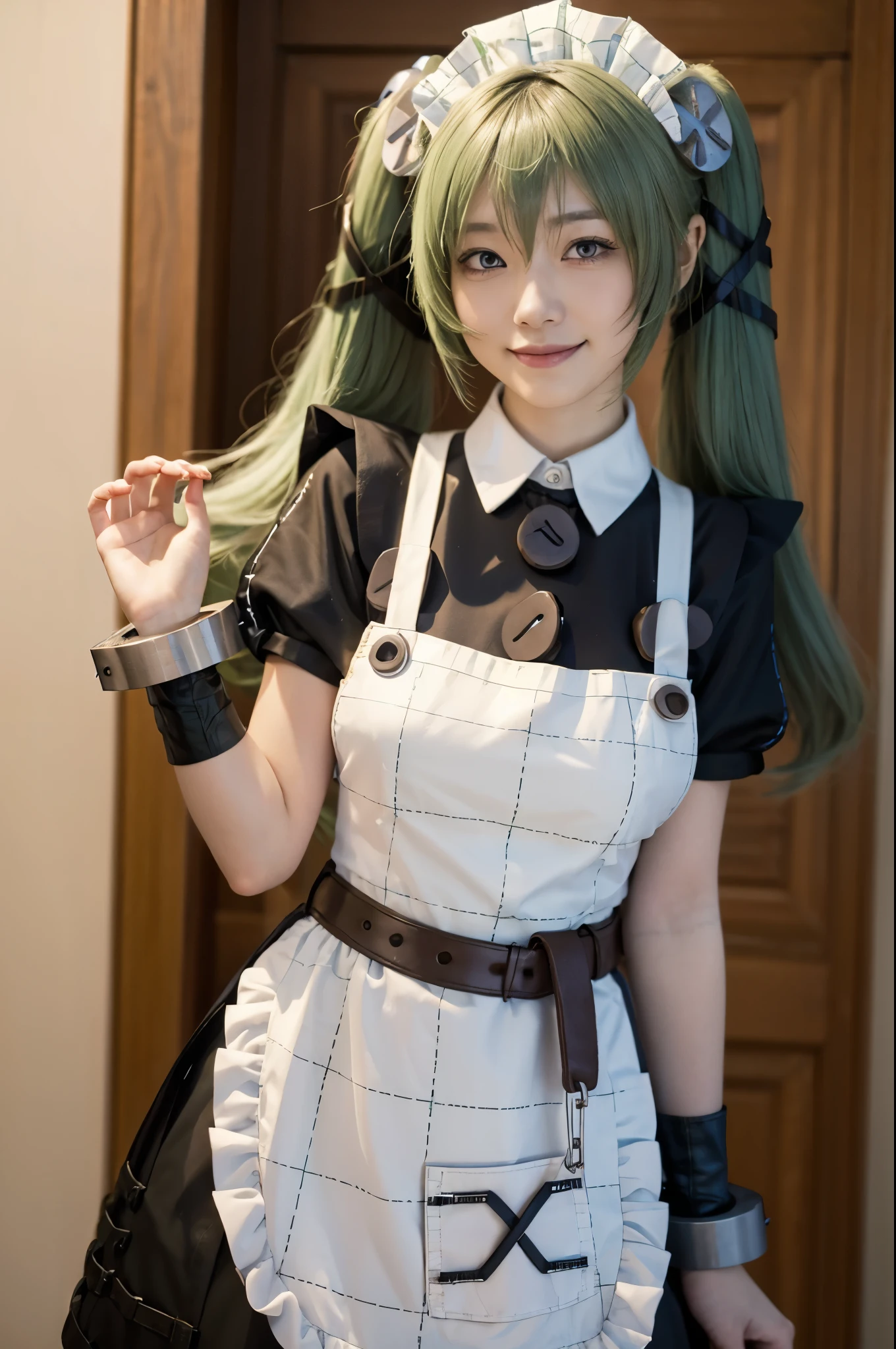 1girl, solo, Japanese beautiful girl, looking at viewer, (evil smile:1.3),
moderate waist, (huge breasts:1.25), full hips,
(Best quality, 8k, 32k, Masterpiece, UHD:1.2),
beautiful face, perfect face, highly detailed beautiful face and eyes, attractive face, detailed skin, skin blemish,
BREAK
upper body, standing, active Pose, dynamic angle,
corin cosplay costume,corin,cosplay,long hair, (green hair:1.2),twintails,hair ornament,maid,dress,frilled dress,frills,apron,maid apron,maid headdress,puffy short sleeves,belt,chain,wrist cuffs,cuffs,handcuffs,ribbon,boots,knee boots,
