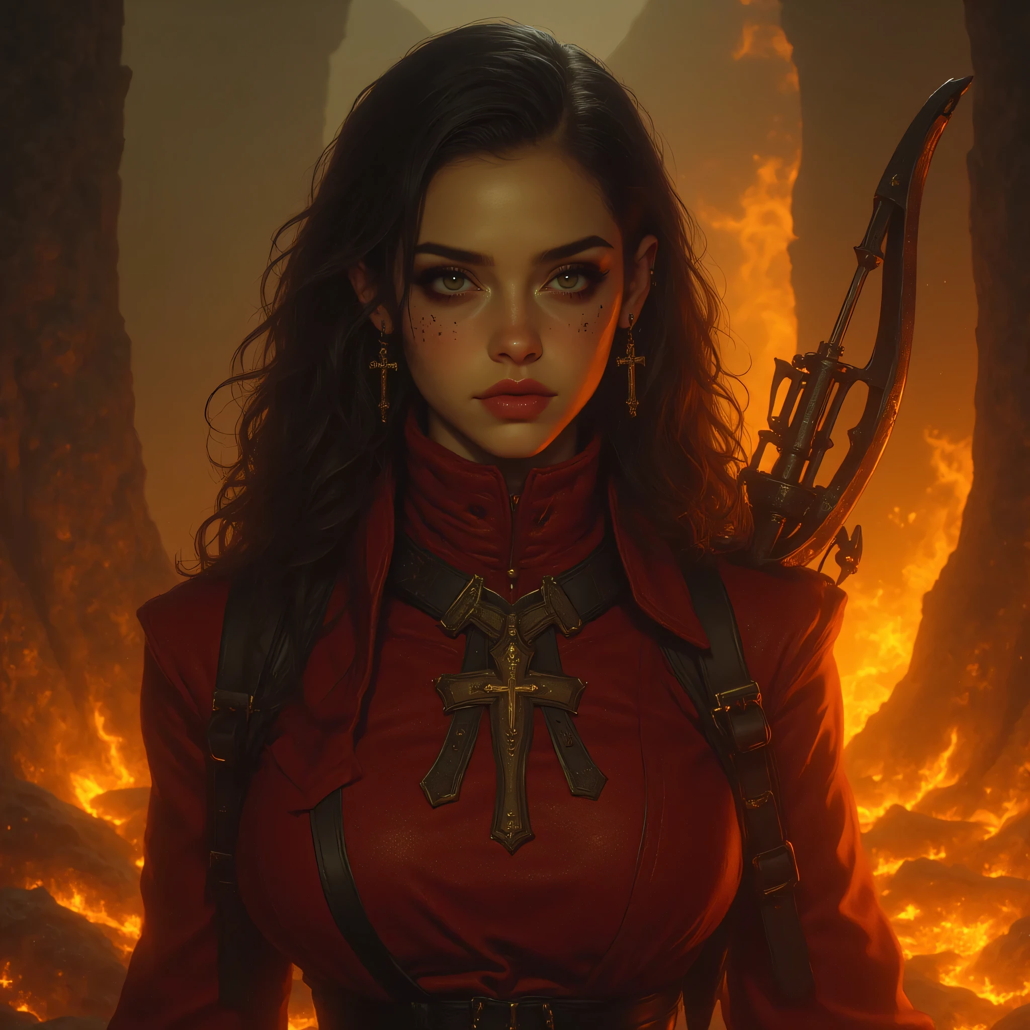 Anna Valerius stands victorious in a burning vampire lair, embers and smoke swirling around her. Her crossbow rests on her shoulder, her face smudged with ash yet breathtakingly beautiful. Her deep green eyes are perfectly defined — vivid iris, sharp pupil, lifelike reflection, gaze full of strength and mystery. The firelight dances across her crimson outfit and dark curls. Heroic composition, cinematic atmosphere, fantasy epic realism, ultra HD, mid-shot, realistic proportions, fine details in fabric and lighting.