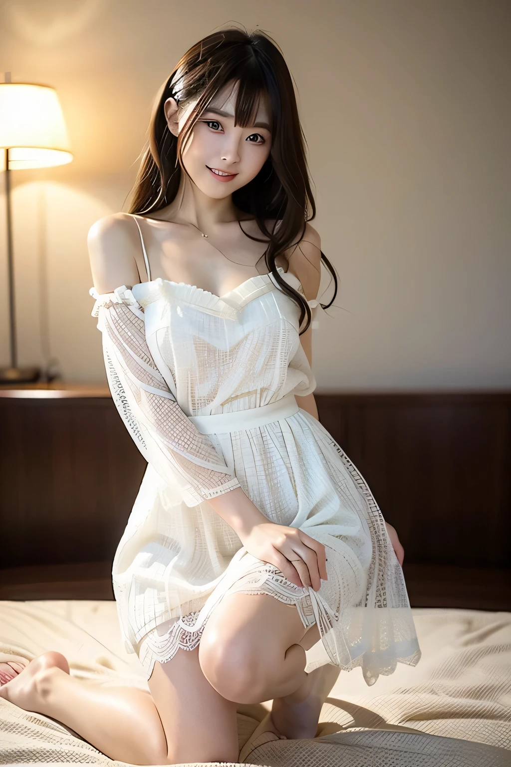 Japanese model in a gorgeous white dress poses、semi-long black hair、 mini skirt、 sheer lace dress 、Neat and beautiful Japanese idol、staring at the camera、 Beautiful eyes in every detail 、 has a cute smile up to the knee、 gentle and gentle expression 、hotel room、