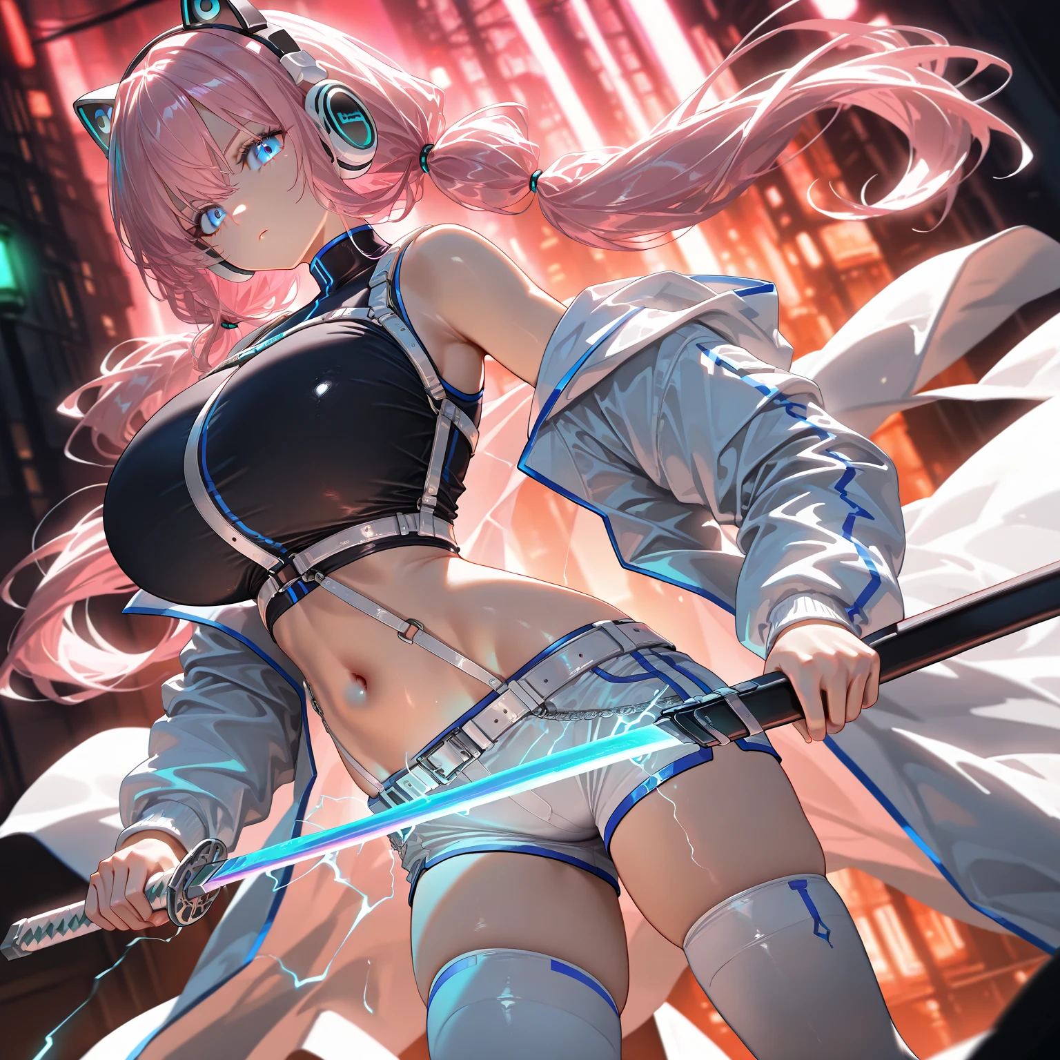 Foxgirl, fox tail, (neon lighting:1.2), (centered in frame), highly detailed, 8k wallpaper, (detailed face and eyes:1.4), (detailed hair:1.3), (warm lighting:1.5), full body view, (????????????:1.2), puffy ???????.