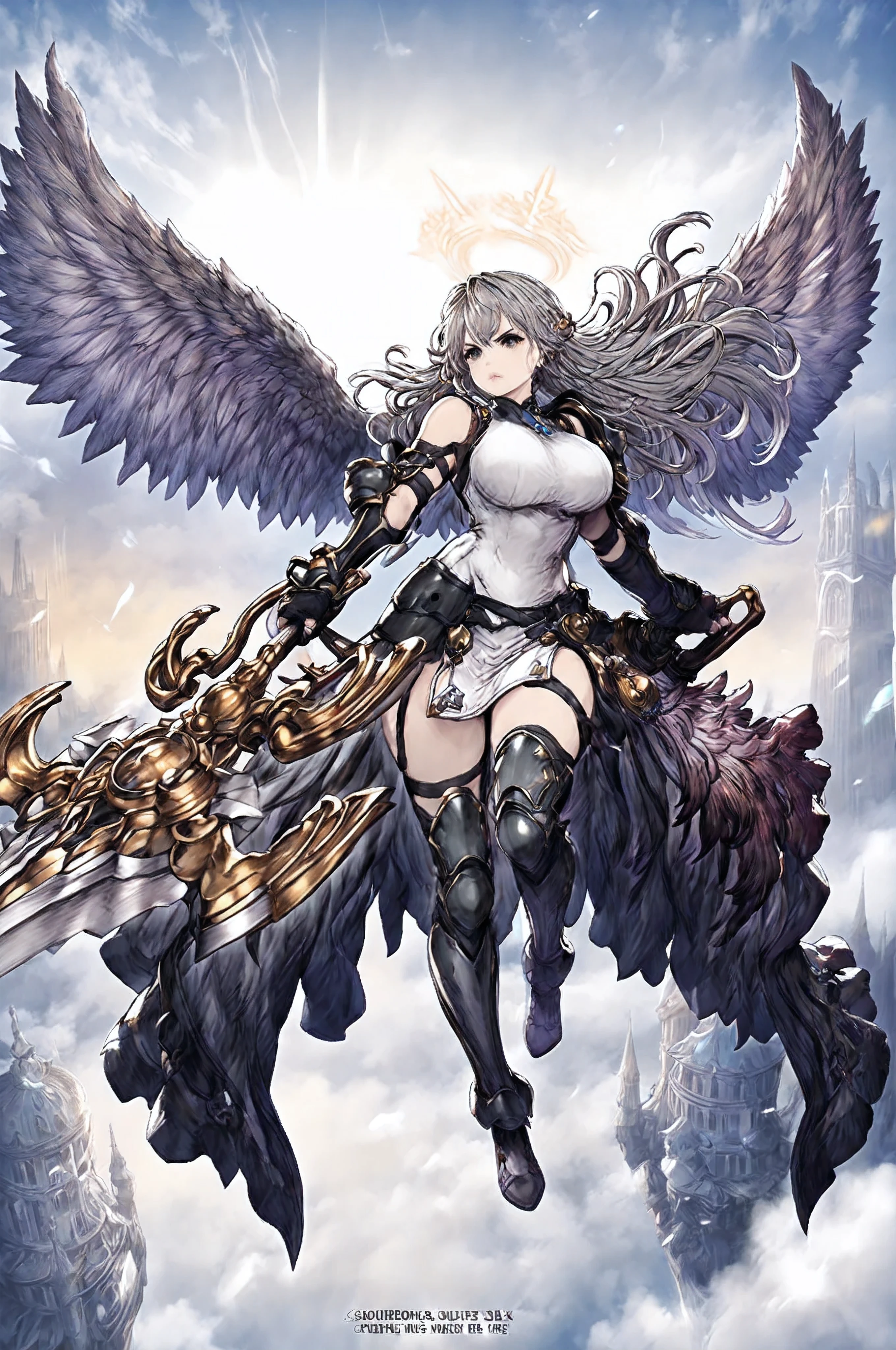 detailed illustration,||colorful,graycolor_full,(High Resolution), (More Details), (8K), (High Resolution),angel wing, full body,huge breasts, thick lip, lipstick, solo, bright colors, simple shading,A solemn sky,flying,detail face