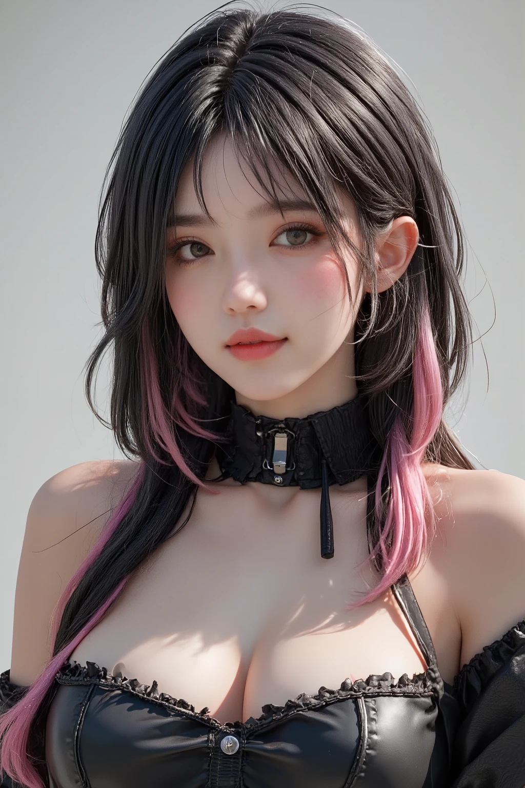 Happy with me,smile,1 slim punk girl,punk_make,flat chest,small breasts,black and pink medium hair,side_bangs,off_shoulder clothing,bellybutton,(top quality,Best quality,Realistic,photo realistic style,Masterpiece,ultra detailed,ultra high-resolution,8k,highest detailed skin texture:1.2),perfect anatomy