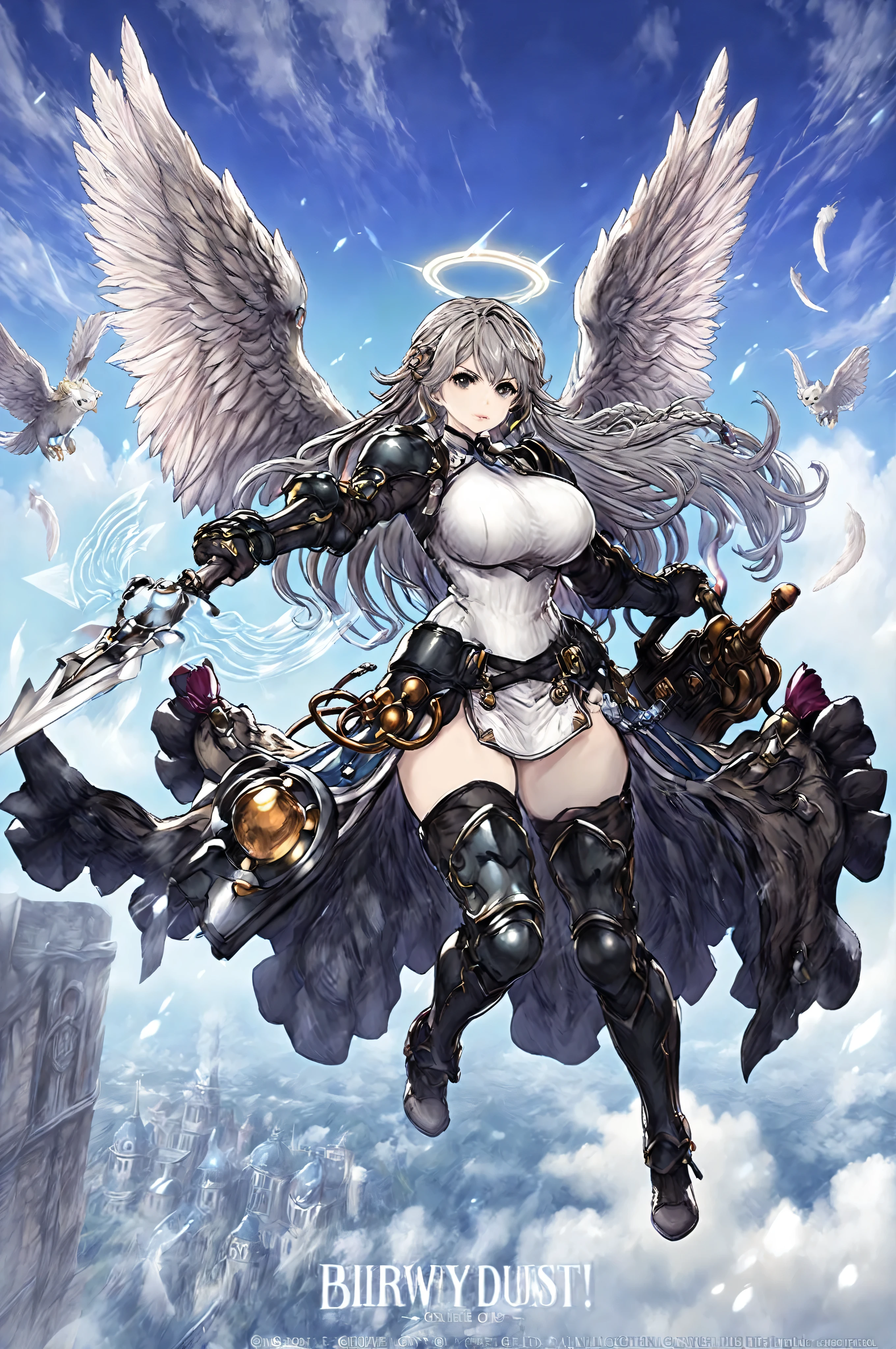 detailed illustration,||colorful,graycolor_full,(High Resolution), (More Details), (8K), (High Resolution),angel wing, full body,huge breasts, thick lip, lipstick, solo, bright colors, simple shading,A solemn sky,flying,detail face