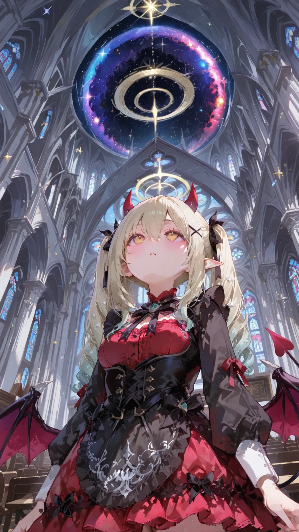 church,small marble filled with galaxies,looking up from below,cute succubus twin girls,the daughter on the left is a red dress,The daughter on the right is black dress
