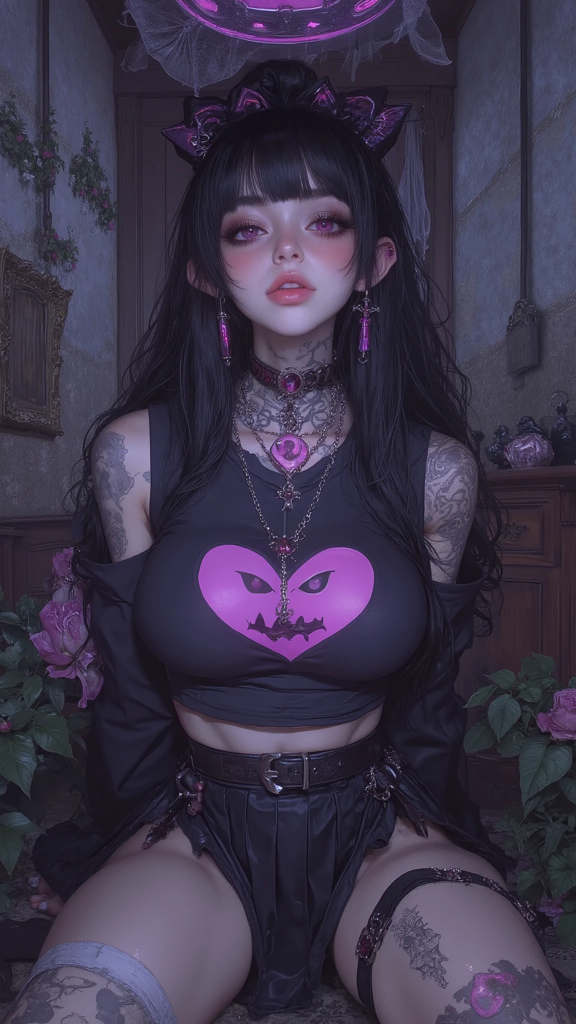 (Ultra-detailed eyes), (((textile shading))), (((Best Quality))), (((masutepiece))), (((Ultra-detailed CG))), sassy girl, (((magical ))), (), (tiny chest), black hair, black hair, black hair, black hair, Spooky Season In Punk hairstyle, ((messy hair, gorgeous hair)), Pink eyes, (((Spooky Season In Punk Outfits))), ((spooky punk a pose)), (((Game CG)) (gorgeous, sassy, it girl), fancy jewelry, haunted house, dark day, strong Spooky Season In Punk atmosphere, strong haunted house atmosphere, cowboy shot, midshot, centered image, eye on camera, heart panel baby tee, black pleated mini skirt, pastel color