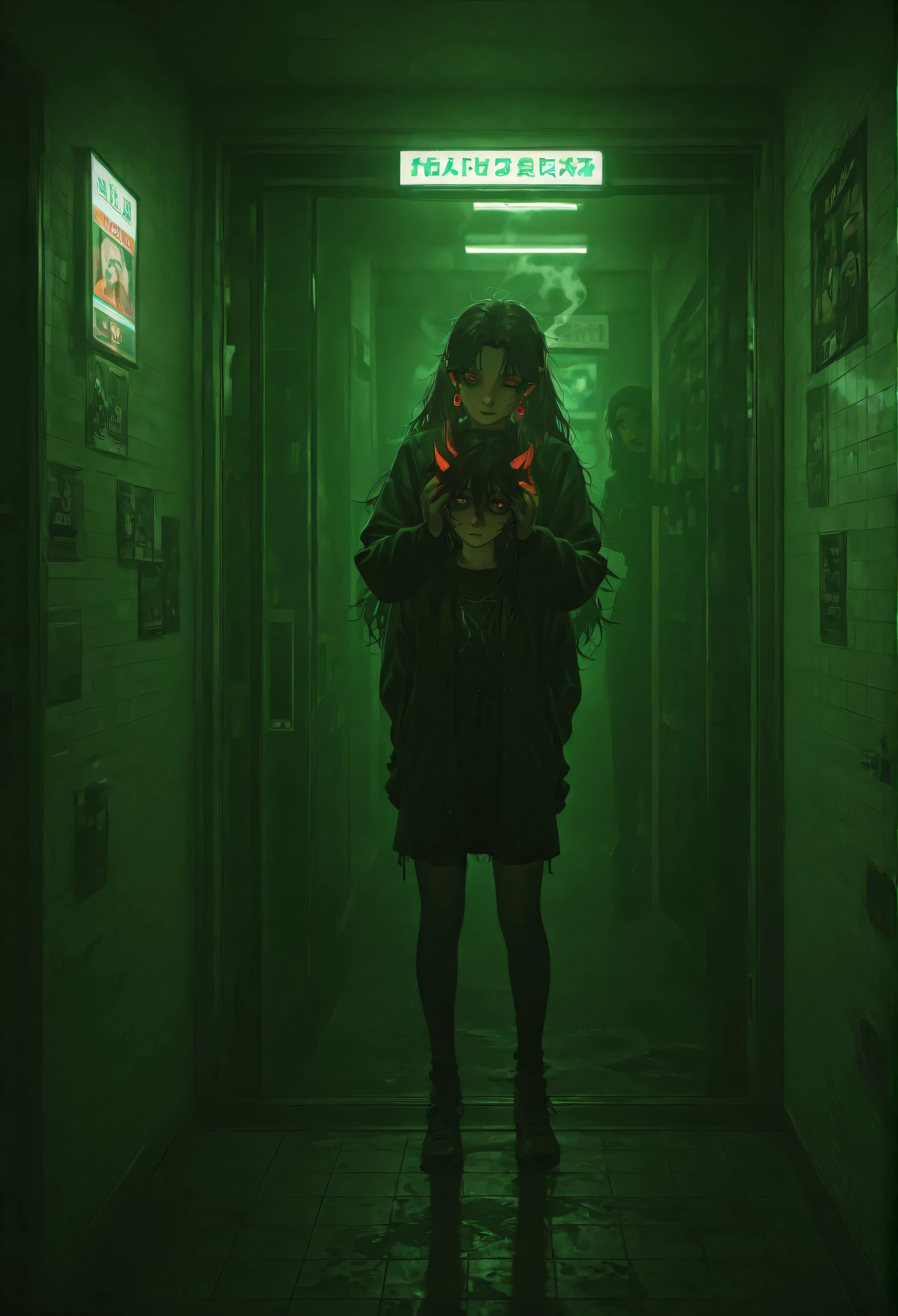 cinematic illustration, "Hell’s Convenience Store" at midnight, neon-lit street drenched in red and violet glow, toxic fog rising from the asphalt, glass door slightly open as the demon girl enters. She’s the original demon girl — slender, elegant, wearing her black rolled-up jacket, black heart earrings, messy abundant hair glowing faintly from the store’s infernal lights, her expression tired but magnetic. She’s clearly hungover, eyes half-lidded, smudged dark eyeliner, holding her head with one hand while pushing the door with the other. Inside, shelves full of bizarre products: spare demon horns in glass jars, bottled souls labeled like energy drinks, enchanted candy, alchemical potions bubbling behind the counter. The fluorescent sign flickers: “Hell’s Convenience Store.” The aesthetic is rich, moody, and hyperrealistic oil-painting style with chiaroscuro lighting — Morticia Addams–style illumination on her face emerging from the shadow, deep cinematic contrast, smoke, reflections on wet pavement, gothic atmosphere, no cheap Halloween props, just authentic demonic surrealism.