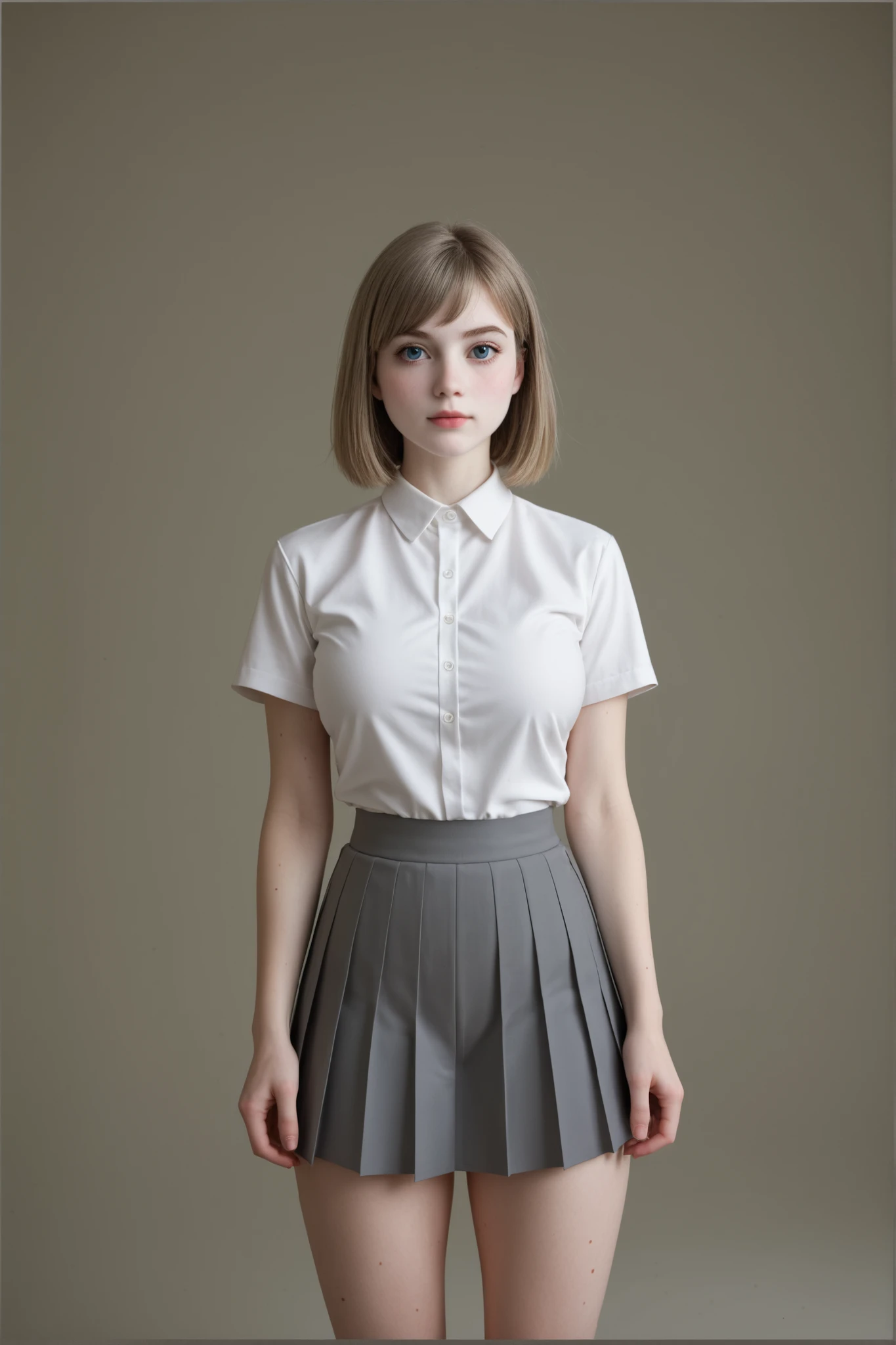 A (very cute young woman:1.3) standing in front of a grey background, studio photoshoot, in perfect lighting, frontal portrait, 3/4 shot, centered framing, neutral background, minimalism.
Short hair, (dirty blonde hair:1.3), (straight hair:1.5), perfect hair, shinny hair, (swept bangs:1.5).
(Large eyes:1.2), (beautiful eyes:1.4), blue eyes, expressive eyes, (thick eyebrows:1.1), delicate facial features, (symmetrical face:1.5), (cute face:1.5).
(Pale white skin:1.5), smooth skin, perfect skin.
(Attractive body:1.5), (skinny:1.3), large breasts, busty, round hips, (sexy legs:1.2), prominent thighs, (thick thighs:1.3). She wears a classic school uniform, consisting of a crisp white, short-sleeved button-down shirt paired with a grey pleated skirt. The shirt is neatly tucked into the skirt.
UHD, highres, 16k, best quality, high details, anatomically correct, accurate, masterpiece.