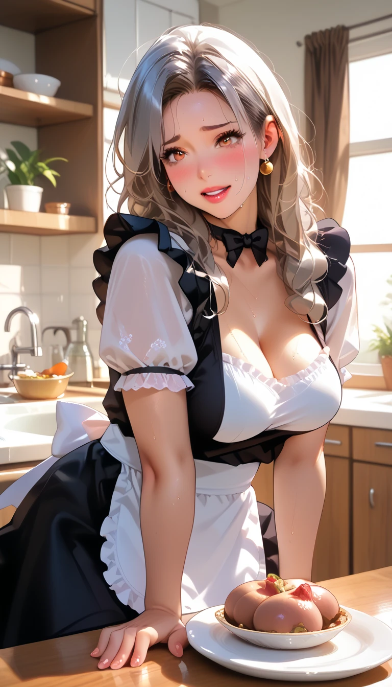 (dynamic angle:1.3, front view:1.1, :1.3, from above:1.1), (dynamic posing:1.2,  posing:1.2), (seductive smiling:1.3), ((holding Pasta on a plate,Taking the pasta out of the pan, worried about the outcome:1.2)),highest quality、(real、photorealistic:1.4),(ultra high resolution, 8K RAW photo, clear focus), best qualtiy, natural lighting, field depth, (Bright pupils, detailed beautiful eyes, high detailed face), Red lip, (tight focus:1.2), a girl 22yo old, Wearing a pastry chef uniform:1.3 , Thicc, thin , long hair, blue eyes,garter stocking, cleavage:1.2, midriff, black shorts, black thighhighs, thigh strap, pretty girl, (highly detailed beautiful face and eyes,firm ),real skin,((black,hair,long pony tail hair)),thin pubic hair,cute,lovely, detailed eyes,(double breasted:1.0,under bust:1.0),(with sparkling eyes and a contagious smile),open mouth, Looking at Viewer,A scene of make cooking Cakes in the kitchen
