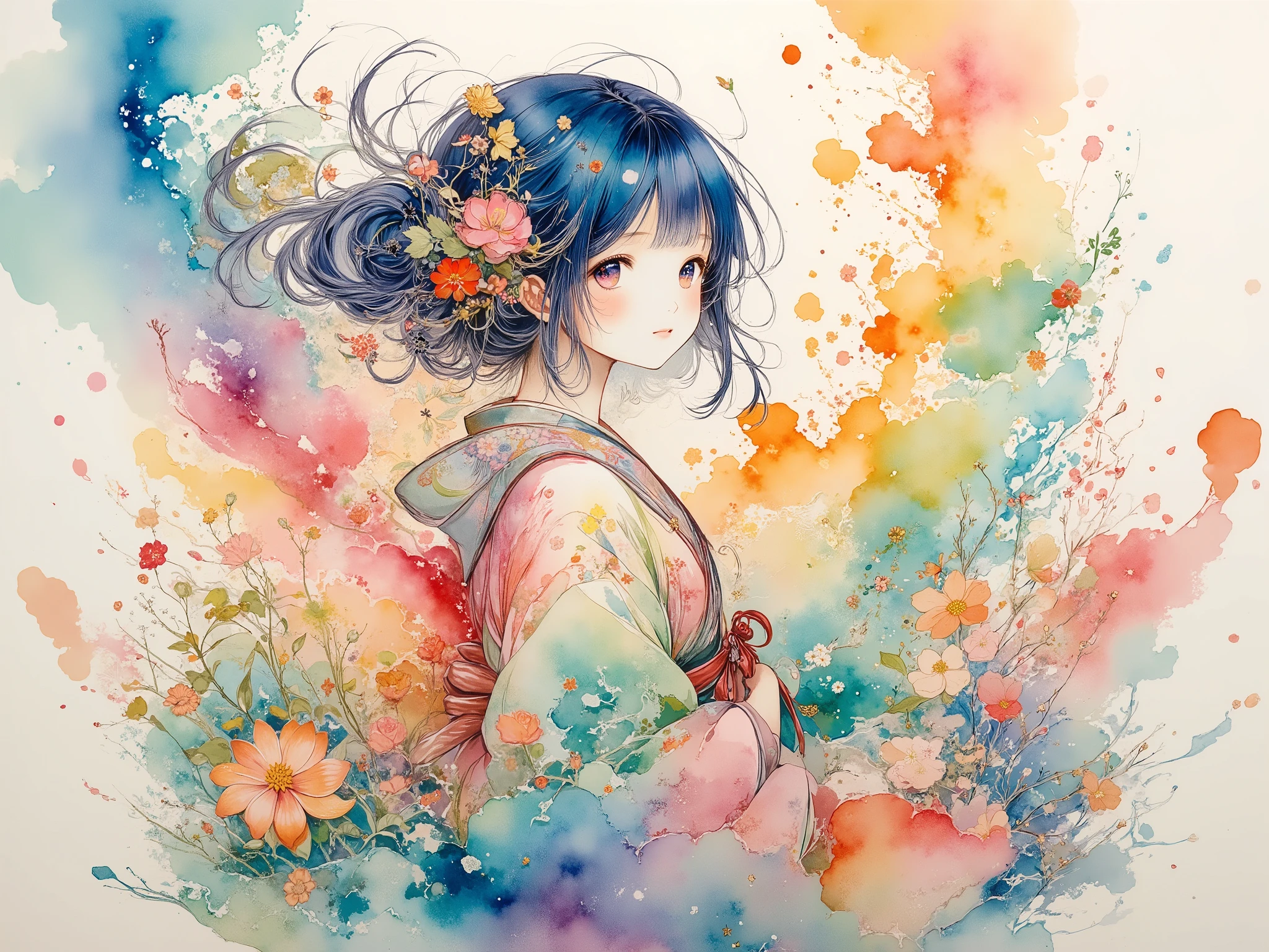 cowboy shot，a quiet woman wearing a traditional Japanese kimono sprinkled with colorful colors, orange on the back，Pink, blue and green blur， flower pattern and furuncle decorated with gold thread，Golden silk band，black hair floating in the wind
She is surrounded by delicate and colorful flowers, sitting on a wooden bench，with hands，composition centered on a figure,
This scene is set in a vibrant setting, expressive brushwork, Flashy colors, splashes, and flowing ink,  interlocking feathers like a dream ,