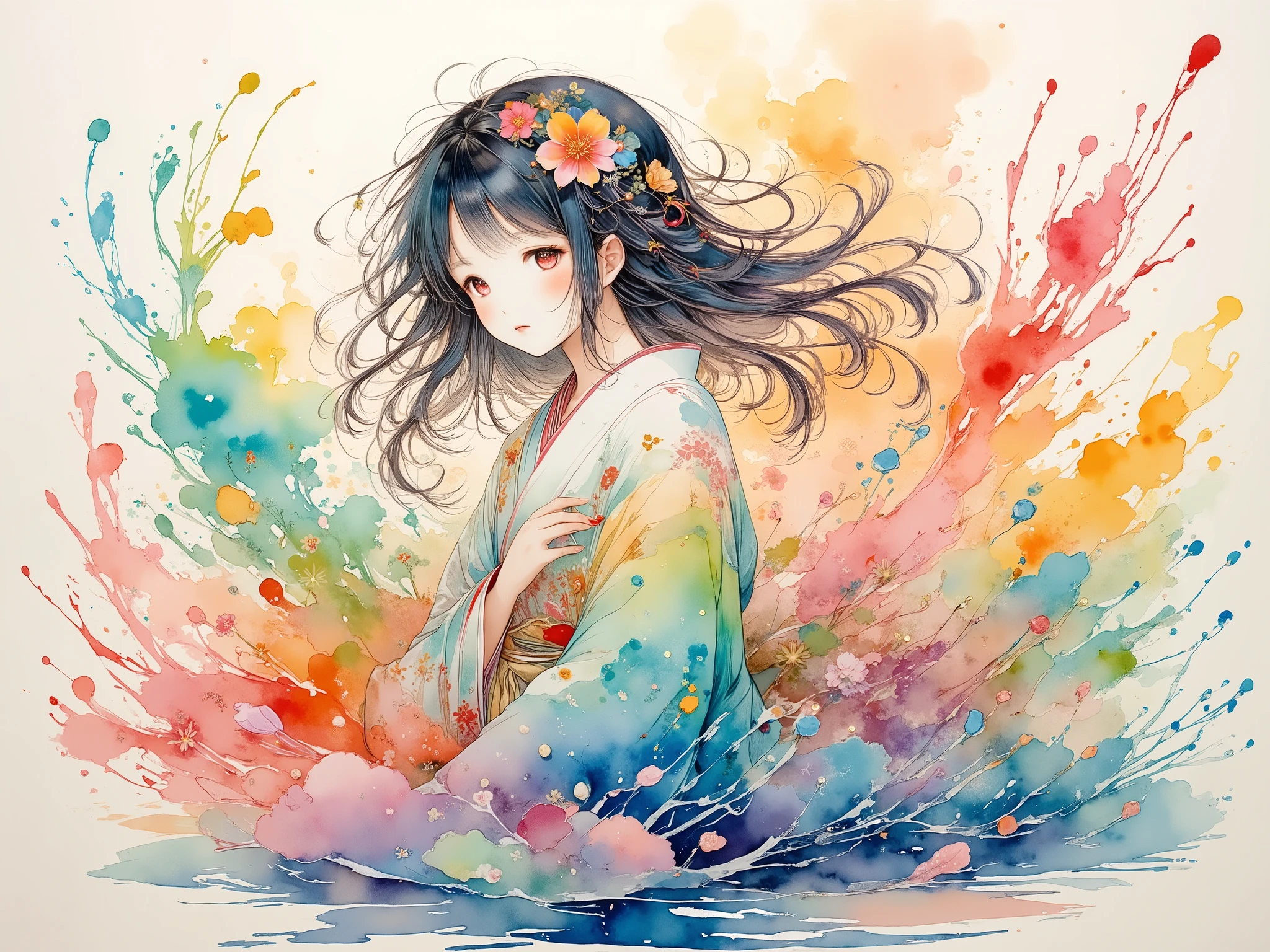 full shot,A quiet woman wearing a traditional Japanese kimono studded with colorful colors, orange on the back,Pink, blue and green blur, flower pattern and furuncle decorated with gold thread,Golden silk band,black hair floating in the wind
She is surrounded by delicate and colorful flowers, sitting on a wooden bench,with hands,composition centered on a figure,
This scene is set in a vibrant setting, expressive brushwork, Flashy colors, splashes, and flowing ink, interlocking feathers like a dream ,