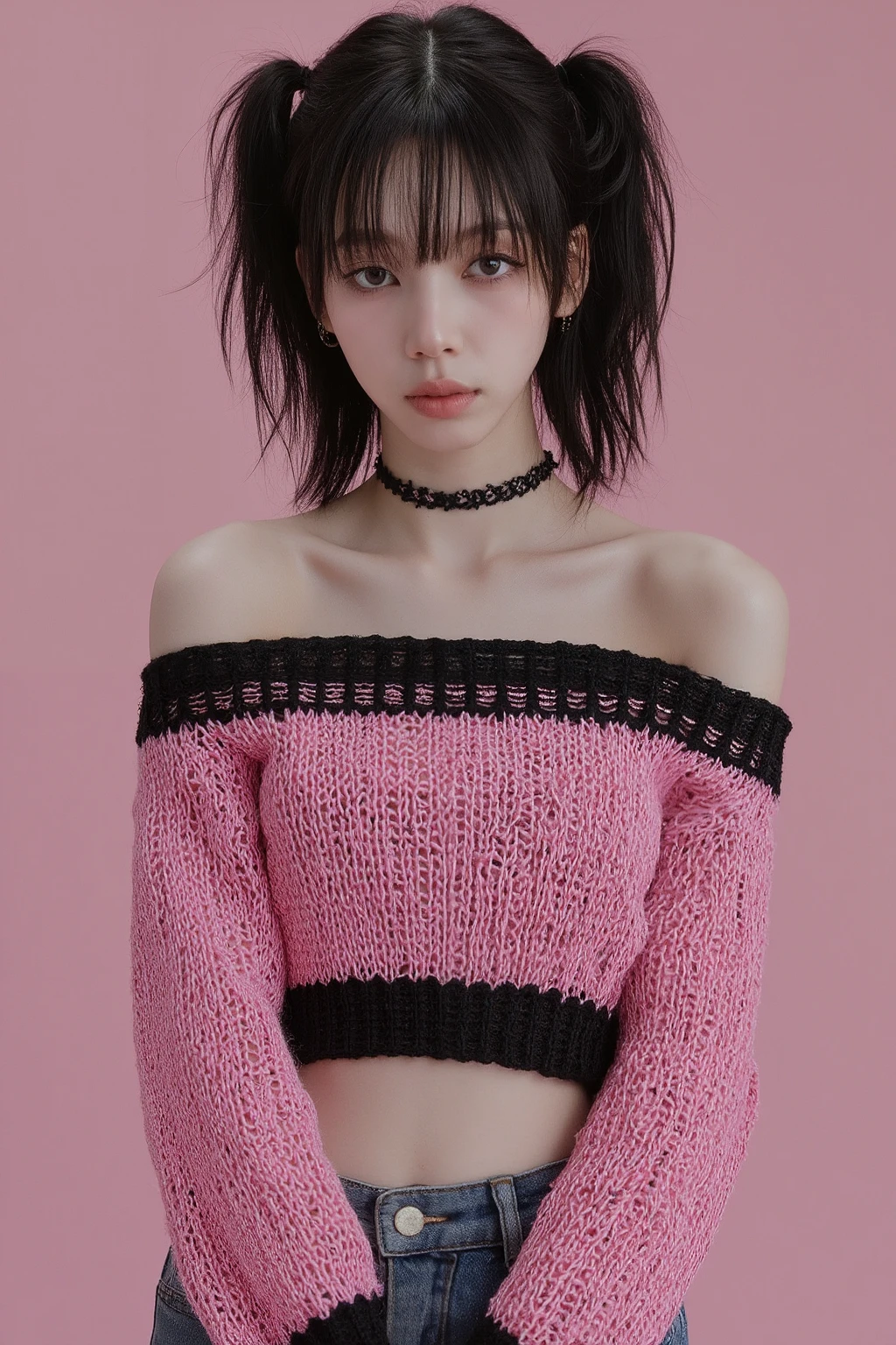 (cover of a fashion Magazine:1.2),(1 slim beautiful (punk girl),punk_make,small breasts,short hair,symmetry slope eyes),(pink and black off shoulder knit),(bellybutton),BREAK,RAW photo,8k,Realistic photo style,Photorealism, Realistic, surreal,Best image quality, High resolution, Highest quality,cinematic, Intricate details,Ultra-fine detail, True light and shadow,Shots from the film, Professional Color Grading,Sharp focus, Film Grain,High Dynamic Range, charm, The most detailed skin texture