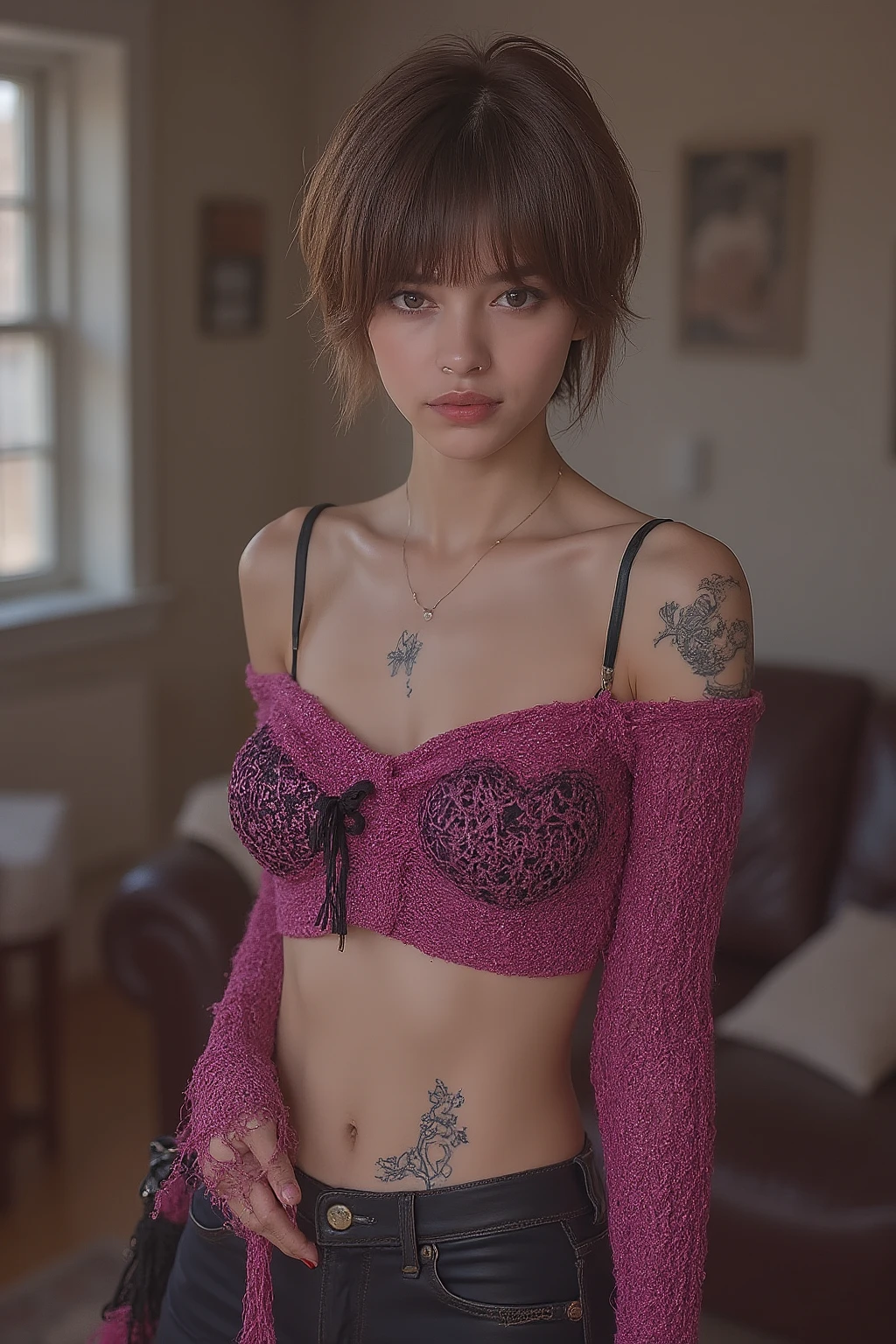(1 slim beautiful (punk girl),punk_make,small breasts,short hair,symmetry slope eyes),(pink and black off shoulder knit),(heart shape tattoos on stomach:1.4),BREAK,RAW photo,8k,Realistic photo style,Photorealism, Realistic, surreal,Best image quality, High resolution, Highest quality,cinematic, Intricate details,Ultra-fine detail, True light and shadow,Shots from the film, Professional Color Grading,Sharp focus, Film Grain,High Dynamic Range, charm, The most detailed skin texture