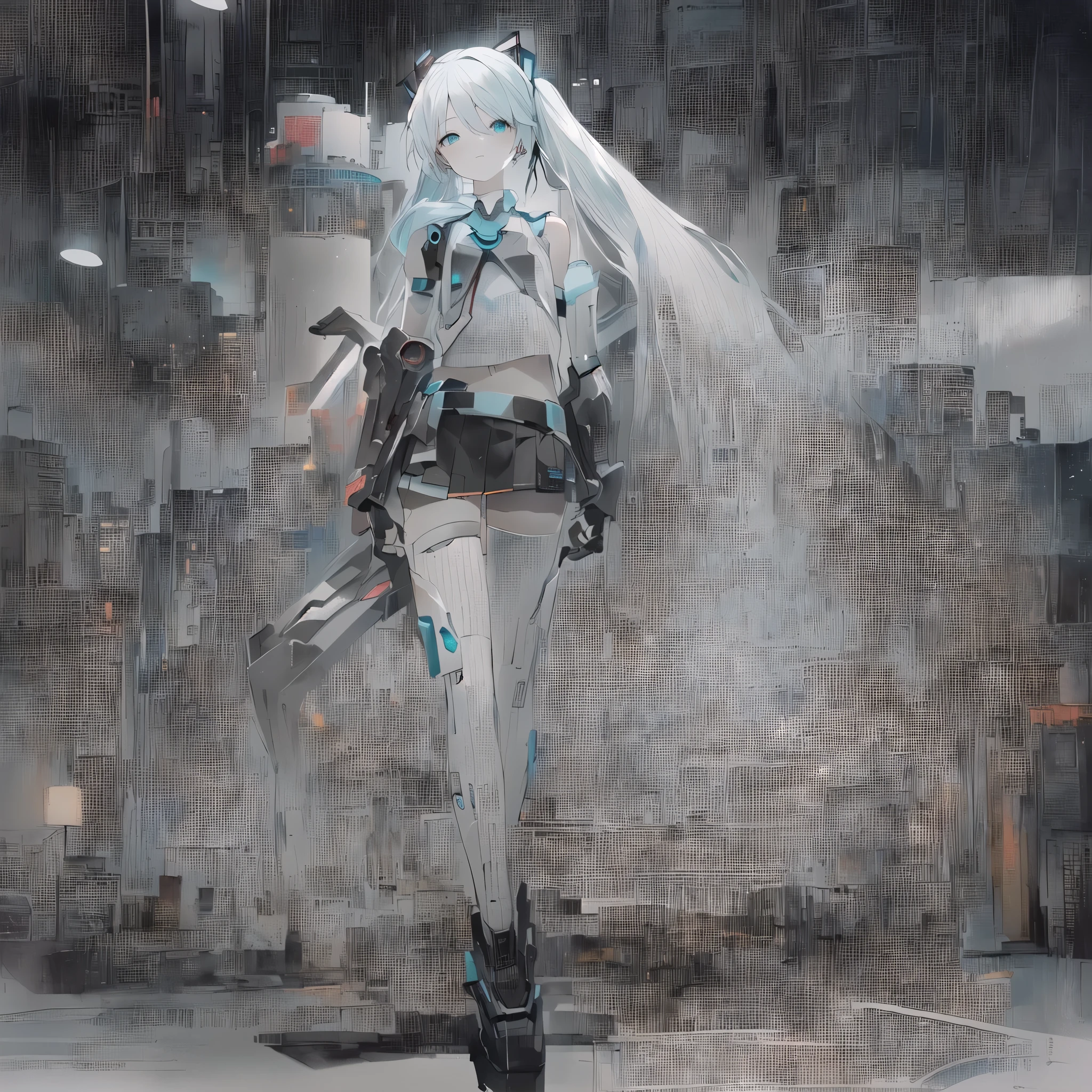 Let's start with a base illustration of a young female character.
Adjust the hair color to Hatsune Miku's iconic turquoise blue.
Style the hair to be very long, reaching below the waist, in twin tails. Ensure the twin tails are evenly balanced and neatly wrapped at the top.
Give the hair a glossy appearance and a slightly voluminous texture.
Create a youthful and cute facial expression with large, expressive eyes. The eye color should be a bright shade of blue.
Give her a characteristic slim and petite body frame.
Remove the distinctive outfit consisting of a sleeveless top, tie, and pleated skirt. Include shades of teal and black in the color scheme.
Include signature accessories such as a futuristic headset, microphone, and detachable sleeves.
Optionally, add knee-high boots or thigh-high socks in matching color tones.
Provide a background that complements the aesthetic, such as a futuristic cityscape or a concert stage with colorful lights.
Please note that due to the complexity of the instructions, it may be challenging for an AI to accurately generate an image based on the exact specifications provided.
Please draw it in a sketch-like style, resembling an idea sketch.
A drawing that looks like it was done with a pencil. A picture drawn in a messy manner. A drawing done with hesitation.Soft Joints - Dancer's Joints - Twisting the Hips Dramatically - No Use of Black in Outlines - Pink Illumination - Lowered Gaze - Slender Eyes - Puffy Cheeks - Visible Abdominal Skin - Hair Color is Aqua - Hair Doesn't Turn Green - Employing Light Pastel Colors for Outlines.