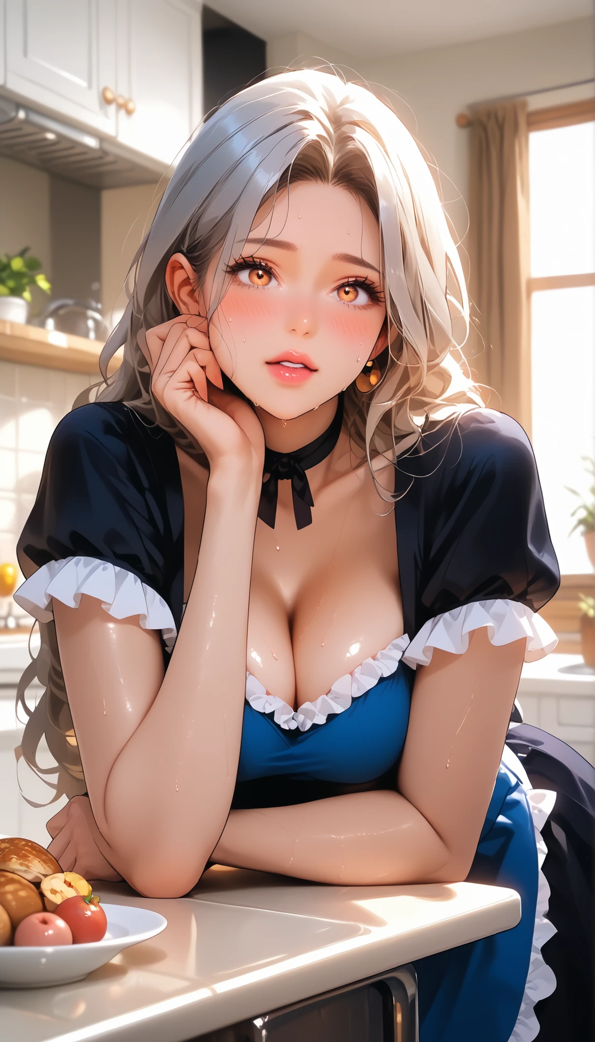 feetfocusILL, feet, soles, toes, mature female, milf, motherly, foot locking, score_9, score_8_consolation, score_7_consolation, score_6_consolation, score_5_consolation, score_4_consolation, Source _animation, Tag 1, Tag 2, Quality_masterpiece, anatomically accurate, girl in the pool, beautiful face, perfect face wearing, 매우 디테일한 beautiful face과 눈, attractive face, detailed face inside a boarding school, Delicate facial features, very , EXTRA BIG ROUND BODY, Deep Bust, round and pretty , fair white skin, shiny white skin, wrinkle-free and soft skin, sensual woman, mature woman, Milf, slim body,  glamour, rolled her eyeballs like her mother, wearing a maid's suit,  maid outfit, short sleeve and mini skirt, Exclusive Maid, puzzled, shy, Super High Quality, opens her mouth, warm, sweating, sweat, sweat을 흘렸다, STEAM BREAK rating _, , very long hair, silver hair, gold eye, Short sleeve black ruffle blouse, Black Mini Skirt, white ruffle apron, Black Choker, black stockings, White frill katyusha, Kitchen, in front of sink, Dining table, chair, Shy beauty,  excited expression, various poses