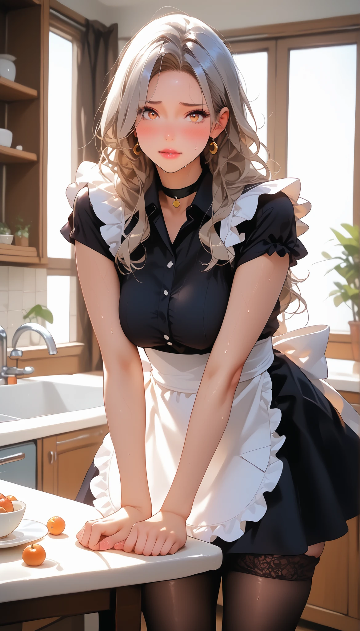 Dining table 앞 chair에 앉아 있음, Focus on the legs, Focus on feet, Stretching her legs forward for a long time, Lift your legs to see the soles of your feet,  feet, feetfocusILL, feet, soles, toes, mature female, milf, motherly, foot locking, score_9, score_8_consolation, score_7_consolation, score_6_consolation, score_5_consolation, score_4_consolation, Source _animation, Tag 1, Tag 2, Quality_masterpiece, anatomically accurate, girl in the pool, beautiful face, perfect face wearing, 매우 디테일한 beautiful face과 눈, attractive face, detailed face inside a boarding school, Delicate facial features, very , EXTRA BIG ROUND BODY, Deep Bust, round and pretty , fair white skin, shiny white skin, wrinkle-free and soft skin, sensual woman, mature woman, Milf, slim body,  glamour, rolled her eyeballs like her mother, wearing a maid's suit,  maid outfit, short sleeve and mini skirt, Exclusive Maid, puzzled, shy, Super High Quality, opens her mouth, warm, sweating, sweat, sweat을 흘렸다, STEAM BREAK rating _, , very long hair, silver hair, gold eye, Short sleeve black ruffle blouse, Black Mini Skirt, white ruffle apron, Black Choker, black stockings, White frill katyusha, Kitchen, in front of sink, Dining table, chair, Shy beauty,  excited expression