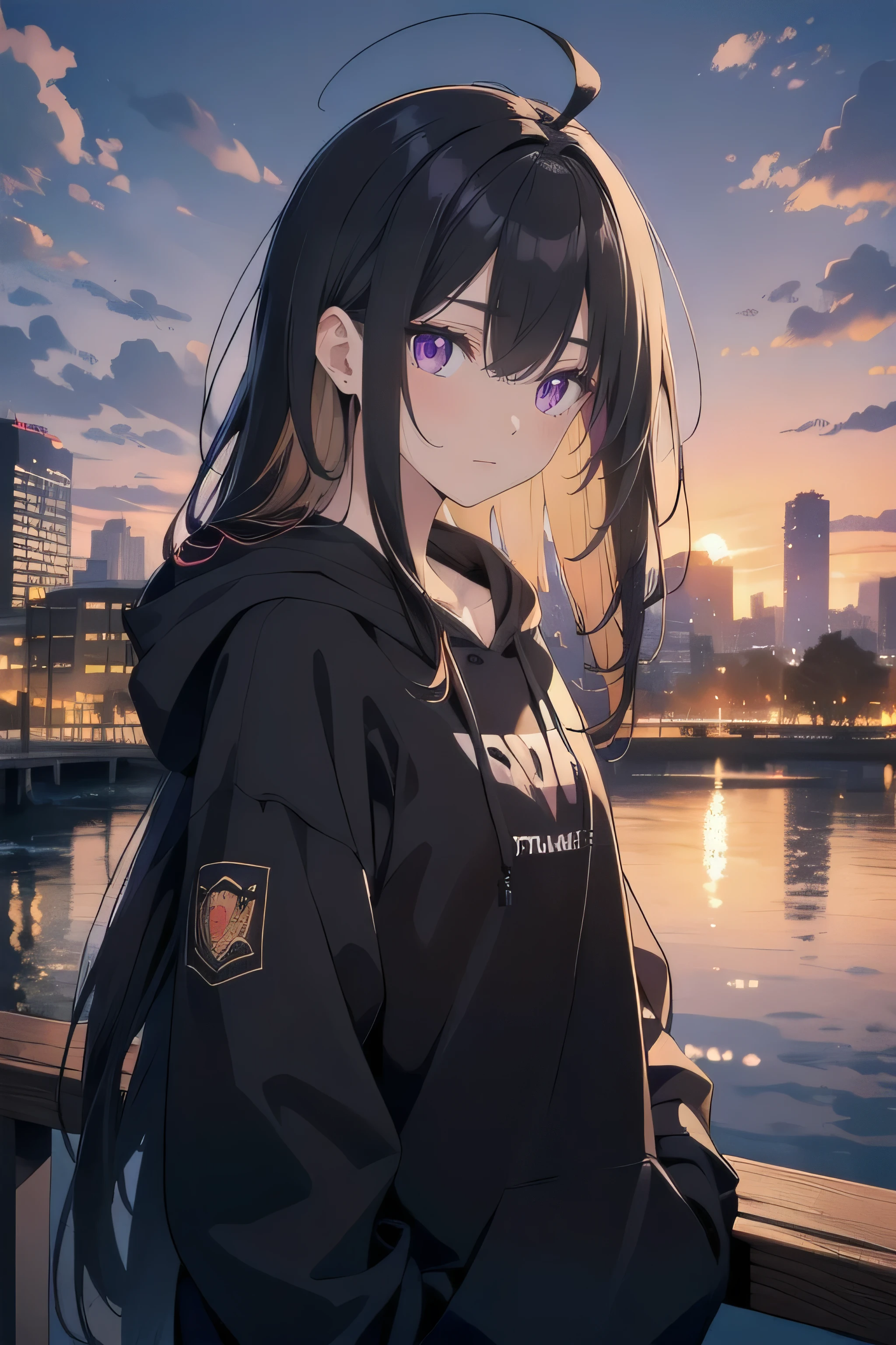 professional illustration, Ultra-precise depiction, Ultra-detailed depiction, anime, ((extremely detailed 8k illustration)), highres, (extremely detailed and beautiful background), (beautiful and aesthetic:1.2), HDR, (depth of field:1.4), 1girl, black hair, (absurdly long hair:1.2), flat chest, ahoge, violet eyes, expressionless eyes, looking, pale skin, urban city, dusk, colorful, black hoodie, black large sleeves, buildings, clouds, sunset sky