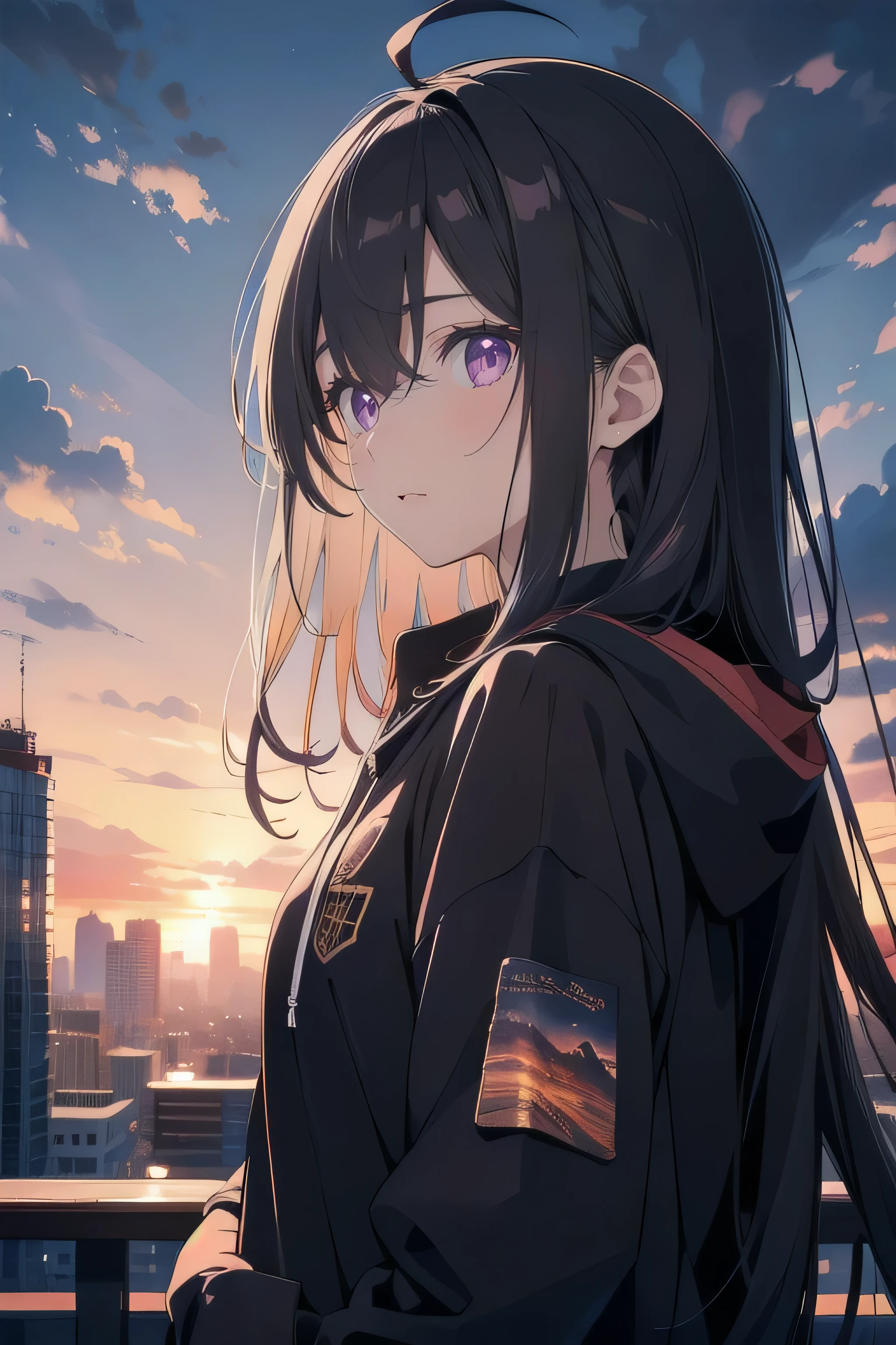 professional illustration, Ultra-precise depiction, Ultra-detailed depiction, anime, ((extremely detailed 8k illustration)), highres, (extremely detailed and beautiful background), (beautiful and aesthetic:1.2), HDR, (depth of field:1.4), 1girl, black hair, (absurdly long hair:1.2), flat chest, ahoge, violet eyes, expressionless eyes, looking, pale skin, urban city, dusk, colorful, black hoodie, black large sleeves, buildings, clouds, sunset sky