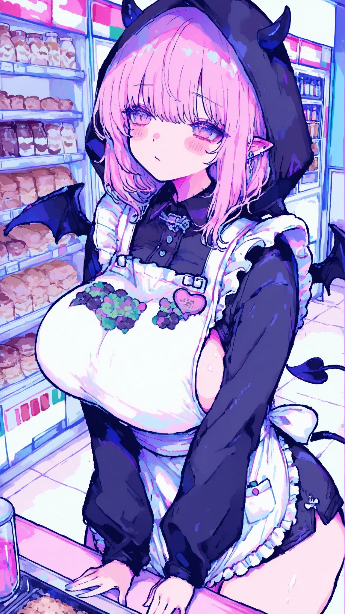 late at night convenience stores,,World of Demons,Demon convenience store clerk,aprons,womanhood,1girl,,,,,,BIG BREASTS,sexy,dynamic,anime,masterpiece,Highest Quality,Great Quality,Extremely Beautiful,Newest,