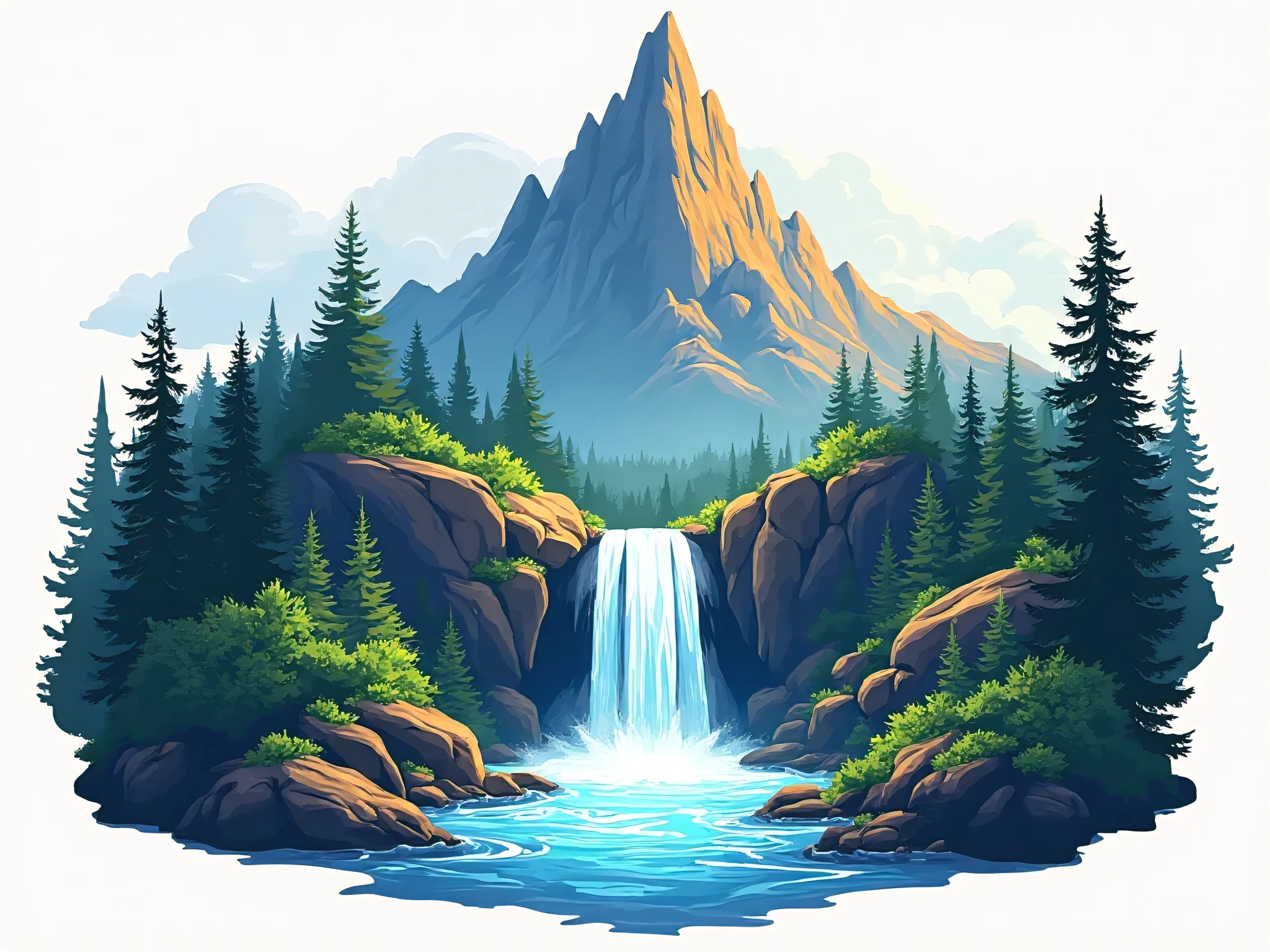 Create a logo of a long mountain with a water spring as if it were in the waterfall in vector format with a vivacity of nature