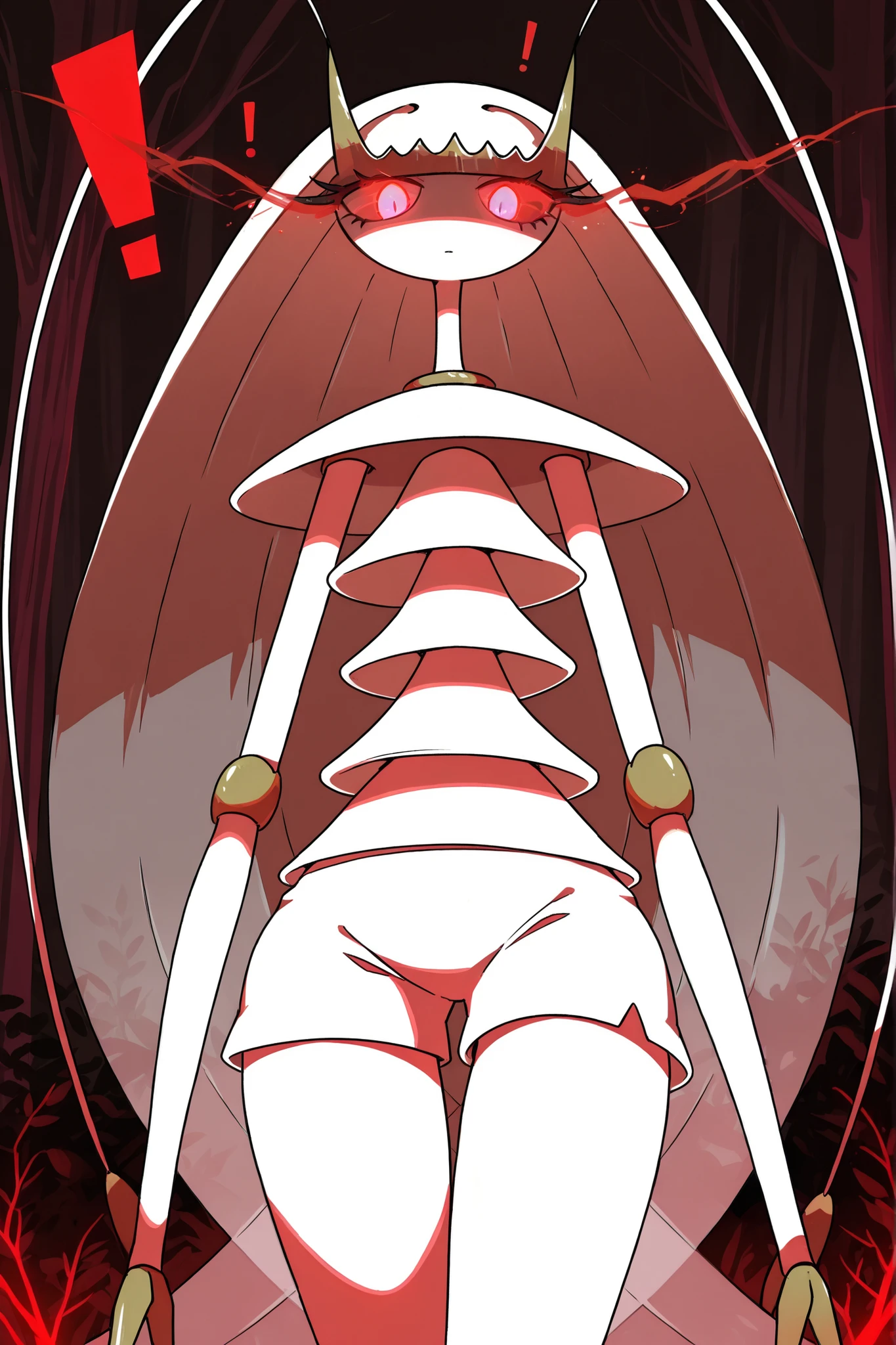 ((Pokémon Pheromosa)), white body, misty forest background,wide hips, Thin Waist, Very Thin Waist, ((wasp waist)), solo, Brilliant Colors, The shading, simple art style, solo, (red single exclamation mark:1.5),(Red Glowing Eyes:1.4),(Kinship),watch viewers,