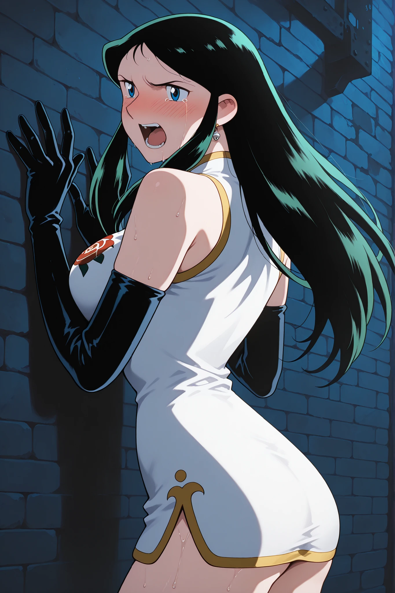 long hair,, Silver Bells , 1girl, solo, Black Elbow Gloves, long hair, , dark green hair,, cowboy shot, blue eyes, , white china dress, Around town, sleeveless, Bare Shoulders, ,mini dress ,big boobs, sidemap, look back, Brick Wall,night,Ruinsの路地裏, masterpiece,最High Quality, , High Quality, Good quality、Very Aesthetic,very high resolution,walk,Ruins,no lighting,drunk,open your eyes a little bit and,sexをする,show me my butt,Insert your cock from behind,when I'm wet,Place your hands on the wall,Screaming,open your mouth wide,sex,風面男とsex,foul,スカートを上げてshow me my butt,I'm not wearing anything on my lower body, Sad brow