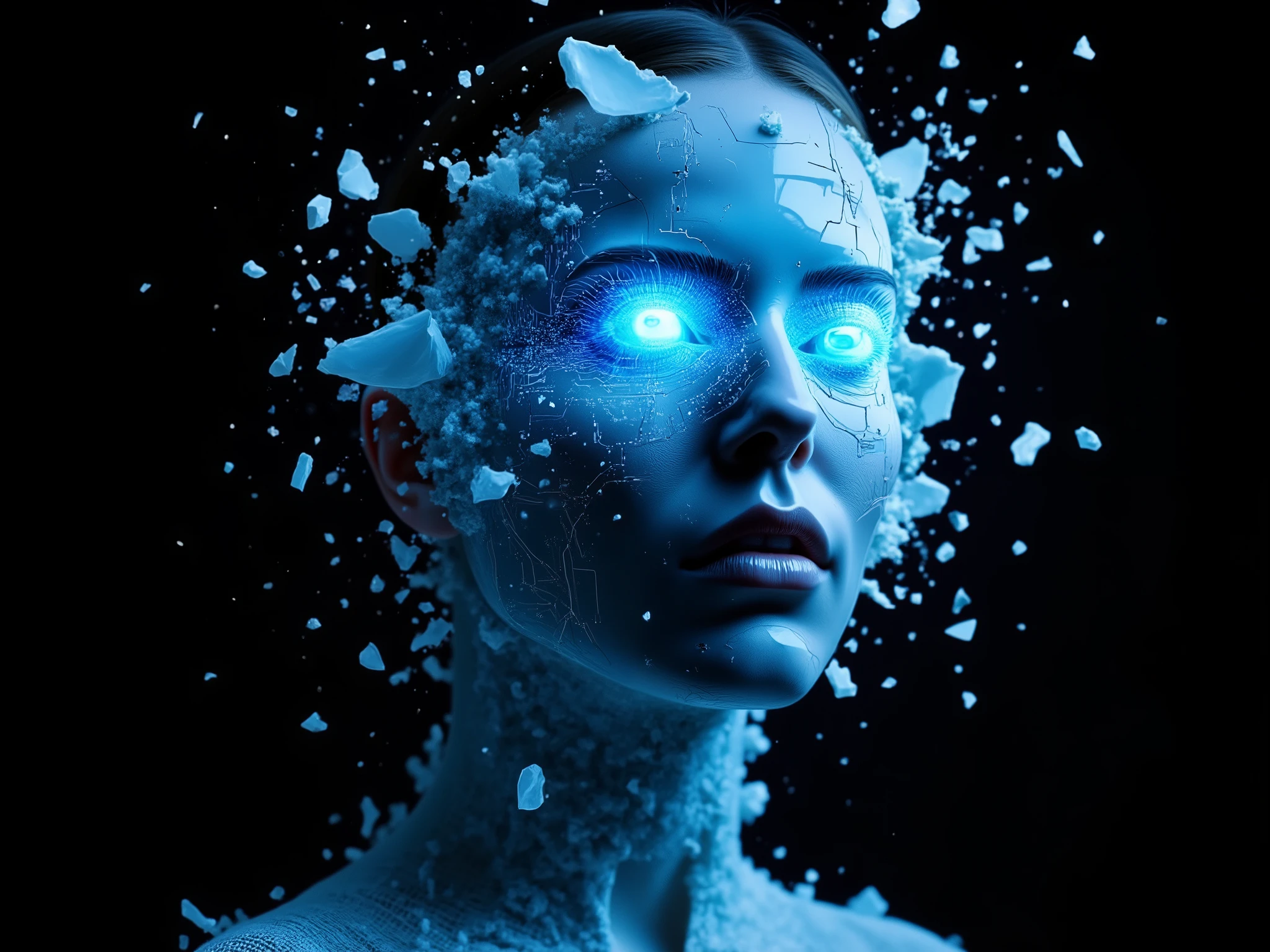 A striking woman's face illuminated by a glowing blue neural network pattern, her features partially obscured by a shattering white porcelain mask—crystalline fragments suspended mid-air as they explode outward in slow motion against an inky black void, dramatic chiaroscuro lighting heightening the emotional tension between human fragility and technological transcendence, rendered in hyper-detailed 4K resolution with visible texture on every porcelain shard.