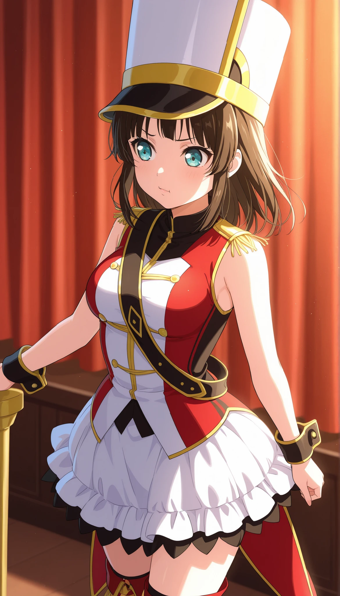 score_9, score_8_up, score_7_up, source_anime,solo, 1girl,<lora:misaki:1 . 2> , kokorohhw costume, hhw skirt, hhw shako cap, hhw band uniform, hhw wrist cuffs, hhw thigh boots, tension face, rouge lips , walking , live backstege, cowboy shot, medium breast,medium hair,