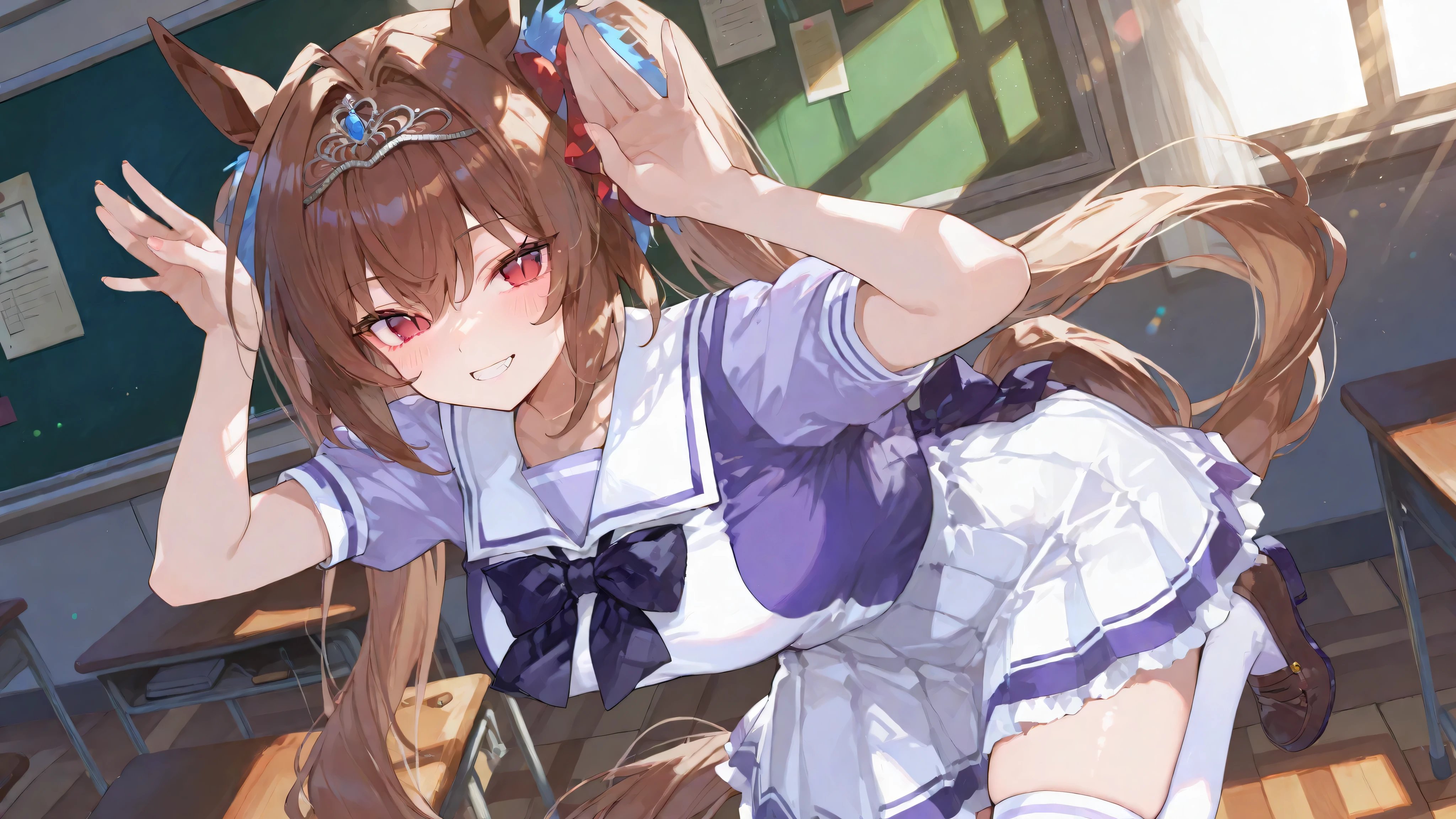 Umapyoi,hands up,one leg raised,ダイワスカーレット,{{{masterpiece}}}, {{{best quality}}}, {{ultra-detailed}}, {illustration}, {{an extremely delicate and beautiful}},1 girl,high school student,full body,spring,sunny,sunlight,classroom,looking at viewer,standing,grin,delighted,fang,big eyes,tsurime,slit pupils,red eyes,dark brown hair,very long hair,twintails,large breasts,slightly thick thighs,horse ears,horse tails,tiara,tracen school uniform,white skirt,white shirt with purple and light purple,white thigh high socks,loafers