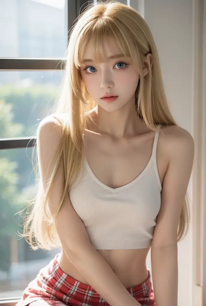 (Medium )、 cute looks and cute 15 year old beautiful girl, Beautiful and  face、A strong wind blows my hair in front of my face、((Beautiful blonde with cute long straight hair)),  eyes hidden behind long bangs,slightly dark skin, height: 156cm,troubled eyes,((slightly droopy eyes)),(((whole body))),((black )), Pale pink  and  are visible,(on the bed in the bedroom),(((She  to seduce me.)))