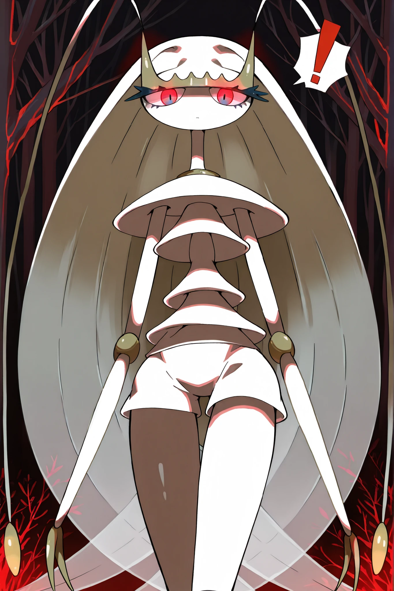 ((Pheromosa from Pokemon)), White Body, misty forest Background,Wide Hips, Thin Waist, Very Thin Waist, ((Wasp Waist)), Solo, vibrant colors, cel shading, Simplistic Art Style, solo, (red single exclamation mark:1.5),(glowing red eyes:1.4),(oyabun),look at viewer,
,(赤く光る目:1.4),
