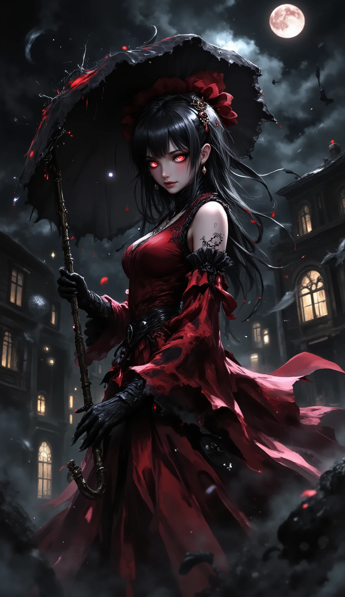 (masterpiece, best quality, highres, absurdres:1.3), 1girl, solo, (hakurei reimu, fashion, gothic:1.2), (dark persona, corruption), evil smile, gesugao, forehead mark,
(shiny clothes, latex:1.2), japanese clothes, red shirt, detached sleeves, ribbon-trimmed sleeves, red skirt, long skirt, gloves, red eyes, glowing eyes, (empty eyes, ringed eyes:1.2), dark aura,
feet out of frame, from side, arched back, head tilt, turning, turning head, parasol, holding umbrella, frilled umbrella,
black theme, outdoors, village, human village \(touhou\), night, moon, dark, (fog, shadows:1.2), (horror \(theme\), blood, tentacles, eldritch abomination:1.2), (static, glitch, distortion), (disembodied eyes, extra eyes, too many eyes, eyes on clothes, eyes on skirt:1.2)
