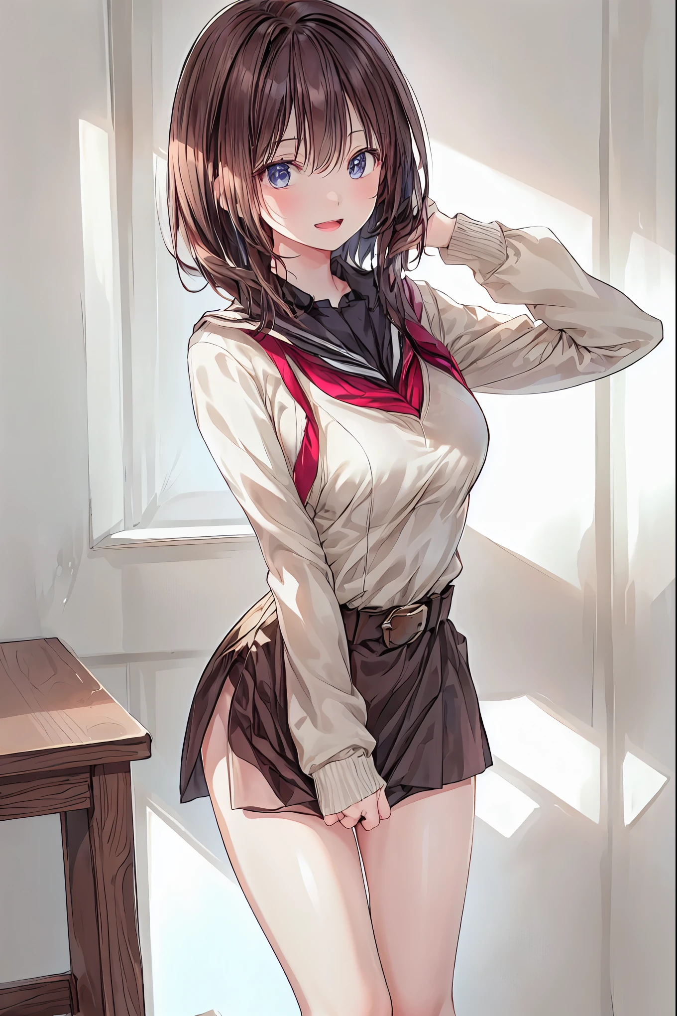 ONE WOMAN,solo,Open Mouth,dark haired,long hair,Slim,(white skin),long sleeves,Open Mouth,inappropriate smile，Smile Yan,Indoor,(black jacket,rolled up her sleeves),open jacket,white dress shirt,Silver Watch,black long pants,Brown Belt，(((The clothes are black:1.2))),(((Textbook in handを持っている)))，(((female teacher)))，(((College teachers)))，(((, an unbelievable beauty)))，High Quality,8K,Realistic,Physically Based Rendering,professional,beautiful color,Bokeh,Classroom Interior ,ascetic, Female Teacher,Strict,Standing at the pulpit,Student's back,Textbook in hand,attractive legs,(((black stockings))),Cold look,test student,brown hair