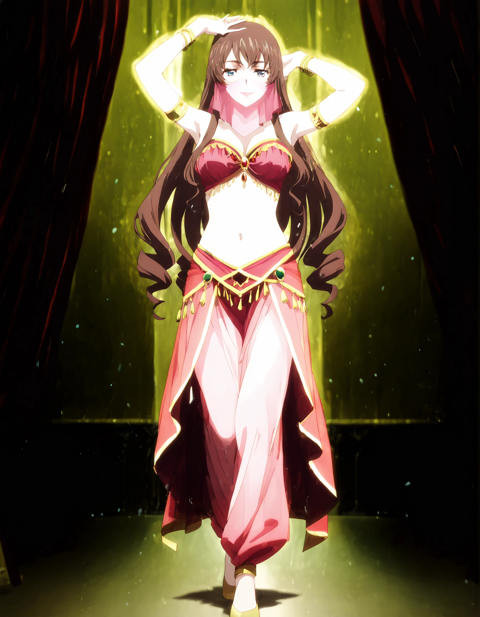 (1girl:1 . 5) , (Seul:1 . 5) , score_9 , score_8_haut , score_7_haut , source_anime , Official work , ultra-detailed , masterpiece , better quality , high resolution , beaux yeux , detailed eyes , Detailed face , beautiful detailed eyes,long hair,dark brown hair, aqua eyes, drill hair,Cardfight Vanguard Divinez,Tomari Seto,Arabian Clothes , Arabian Dancer Outfit ,belly dancer costume,belly dancer outfit ,full body,golden jewelery,mouth veil,armlet, belly dancing,arabian theater,seductive smile, dancing with veil, dynamic movement,dance posture, seductive pose