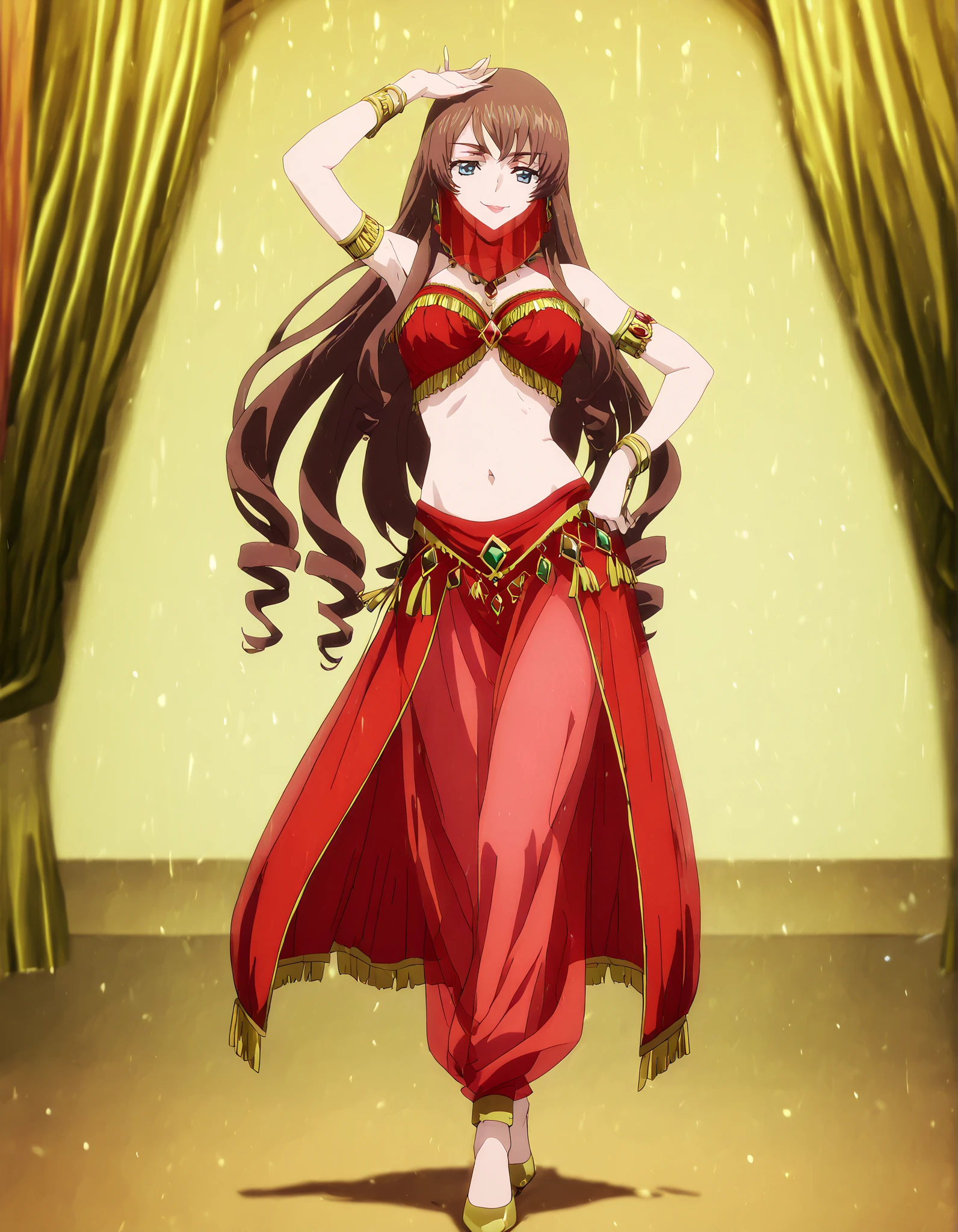 (1girl:1 . 5) , (Seul:1 . 5) , score_9 , score_8_haut , score_7_haut , source_anime , Official work , ultra-detailed , masterpiece , better quality , high resolution , beaux yeux , detailed eyes , Detailed face , beautiful detailed eyes,long hair,dark brown hair, aqua eyes, drill hair,Cardfight Vanguard Divinez,Tomari Seto,Arabian Clothes , Arabian Dancer Outfit ,belly dancer costume,belly dancer outfit ,full body,golden jewelery,mouth veil,armlet, belly dancing,arabian theater,seductive smile, dancing with veil, dynamic movement,dance posture, seductive pose