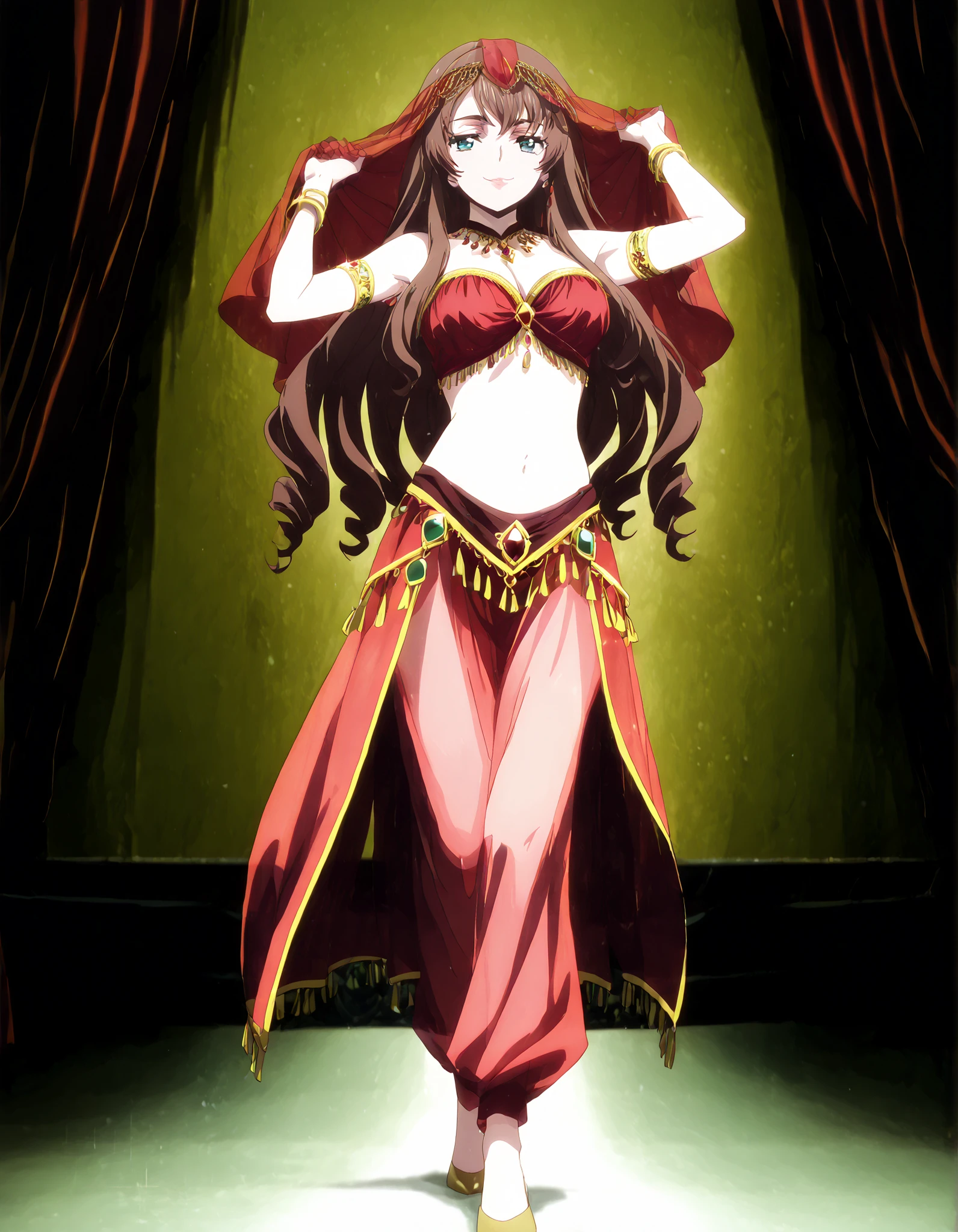 (1girl:1 . 5) , (Seul:1 . 5) , score_9 , score_8_haut , score_7_haut , source_anime , Official work , ultra-detailed , masterpiece , better quality , high resolution , beaux yeux , detailed eyes , Detailed face , beautiful detailed eyes,long hair,dark brown hair, aqua eyes, drill hair,Cardfight Vanguard Divinez,Tomari Seto,Arabian Clothes , Arabian Dancer Outfit ,belly dancer costume,belly dancer outfit ,full body,golden jewelery,armlet, belly dancing,arabian theater,seductive smile, dancing with veil, dynamic movement,dance posture, seductive pose