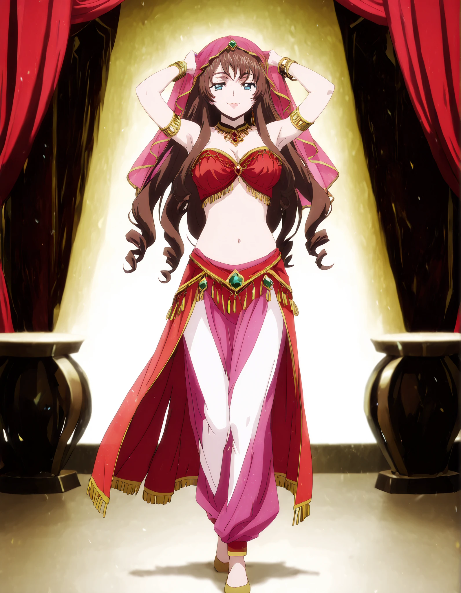 (1girl:1 . 5) , (Seul:1 . 5) , score_9 , score_8_haut , score_7_haut , source_anime , Official work , ultra-detailed , masterpiece , better quality , high resolution , beaux yeux , detailed eyes , Detailed face , beautiful detailed eyes,long hair,dark brown hair, aqua eyes, drill hair,Cardfight Vanguard Divinez,Tomari Seto,Arabian Clothes , Arabian Dancer Outfit ,belly dancer costume,belly dancer outfit ,full body,golden jewelery,armlet, belly dancing,arabian theater,seductive smile, dancing with veil, dynamic movement,dance posture, seductive pose
