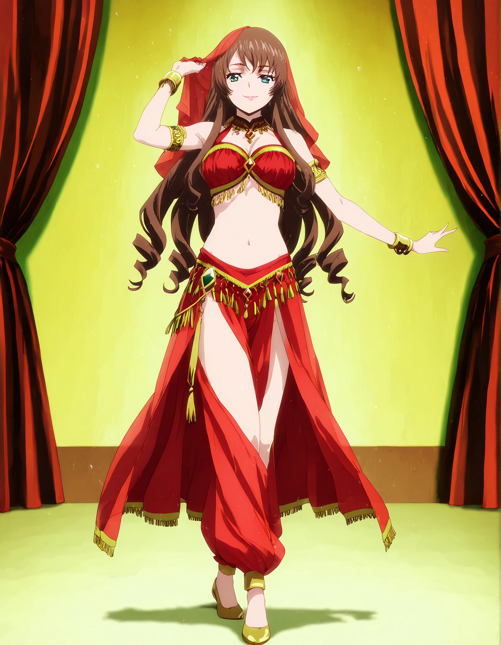 (1girl:1 . 5) , (Seul:1 . 5) , score_9 , score_8_haut , score_7_haut , source_anime , Official work , ultra-detailed , masterpiece , better quality , high resolution , beaux yeux , detailed eyes , Detailed face , beautiful detailed eyes,long hair,dark brown hair, aqua eyes, drill hair,Cardfight Vanguard Divinez,Tomari Seto,Arabian Clothes , Arabian Dancer Outfit ,belly dancer costume,belly dancer outfit ,full body,golden jewelery,armlet, belly dancing,arabian theater,seductive smile, dancing with veil, dynamic movement,dance posture, seductive pose