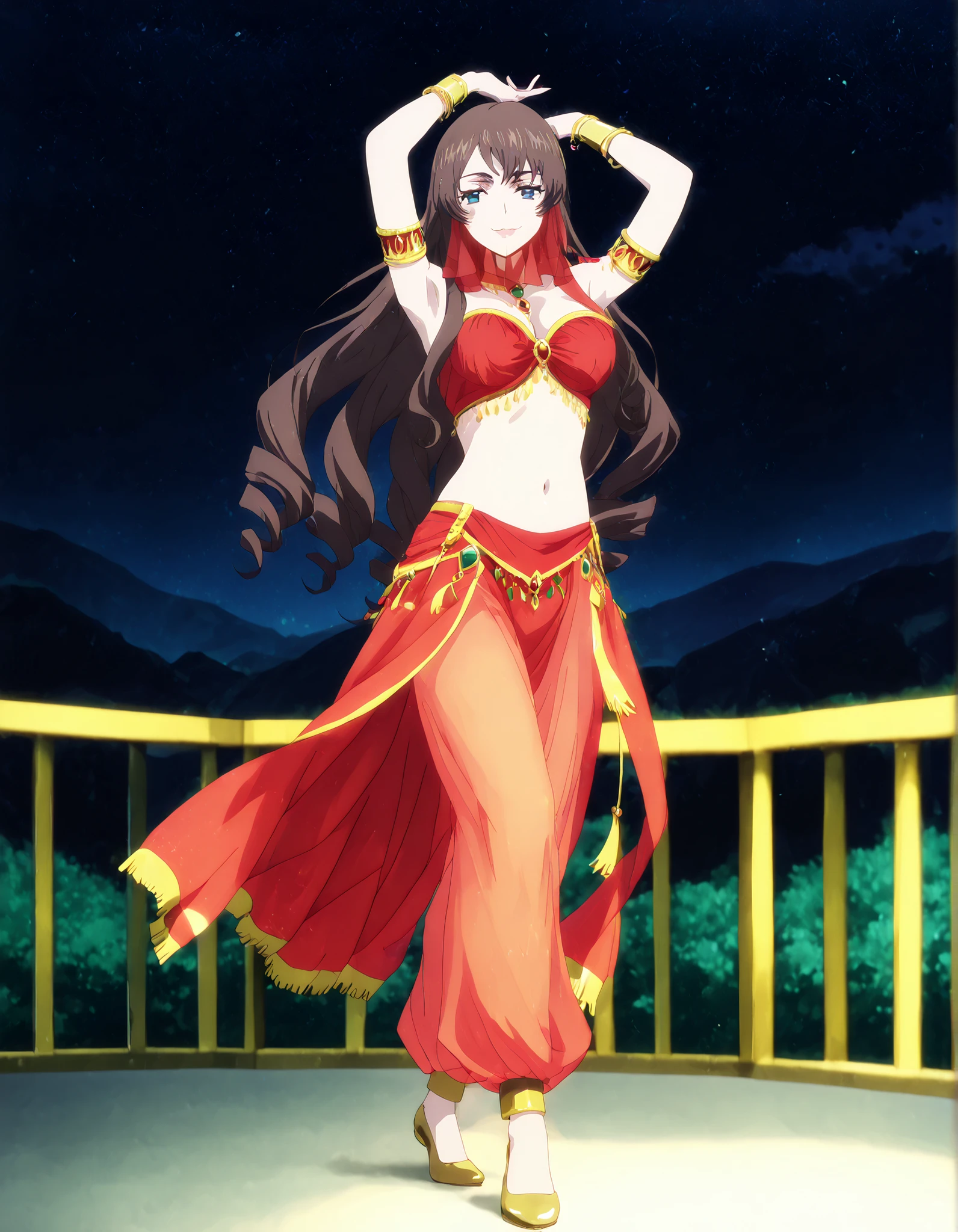 (1girl:1 . 5) , (Seul:1 . 5) , score_9 , score_8_haut , score_7_haut , source_anime , Official work , ultra-detailed , masterpiece , better quality , high resolution , beaux yeux , detailed eyes , Detailed face , beautiful detailed eyes,long hair,dark brown hair, aqua eyes, drill hair,Cardfight Vanguard Divinez,Tomari Seto,Arabian Clothes , Arabian Dancer Outfit ,belly dancer costume,belly dancer outfit ,full body,golden jewelery,mouth veil,armlet, belly dancing,night,arabian garden,seductive smile, dancing with veil, dynamic movement,dance posture, seductive pose