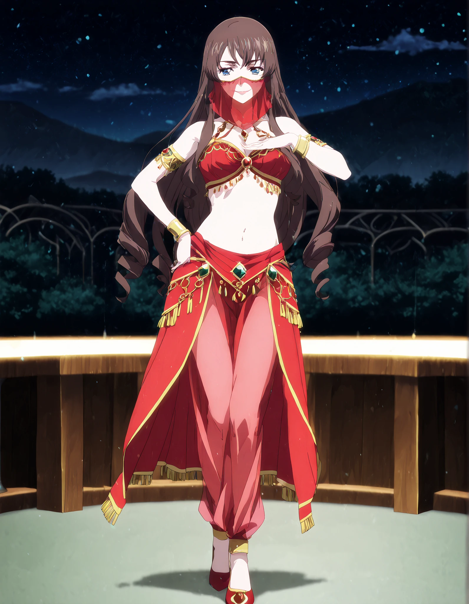 (1girl:1 . 5) , (Seul:1 . 5) , score_9 , score_8_haut , score_7_haut , source_anime , Official work , ultra-detailed , masterpiece , better quality , high resolution , beaux yeux , detailed eyes , Detailed face , beautiful detailed eyes,long hair,dark brown hair, aqua eyes, drill hair,Cardfight Vanguard Divinez,Tomari Seto,Arabian Clothes , Arabian Dancer Outfit ,belly dancer costume,belly dancer outfit ,full body,golden jewelery,mouth veil,armlet, belly dancing,night,arabian garden,seductive smile, dancing with veil, dynamic movement,dance posture, seductive pose
