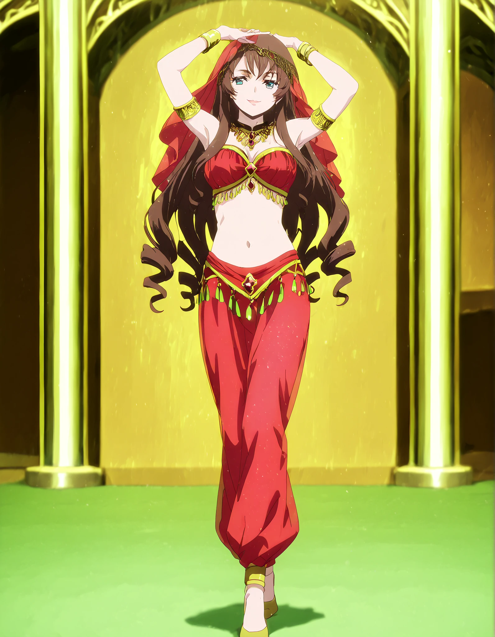 (1girl:1 . 5) , (Seul:1 . 5) , score_9 , score_8_haut , score_7_haut , source_anime , Official work , ultra-detailed , masterpiece , better quality , high resolution , beaux yeux , detailed eyes , Detailed face , beautiful detailed eyes,long hair,dark brown hair, aqua eyes, drill hair,Cardfight Vanguard Divinez,Tomari Seto,Arabian Clothes , Arabian Dancer Outfit ,belly dancer costume,belly dancer outfit ,full body,golden jewelery,armlet, belly dancing,arabian garden,seductive smile, dancing with veil, dynamic movement,dance posture, seductive pose