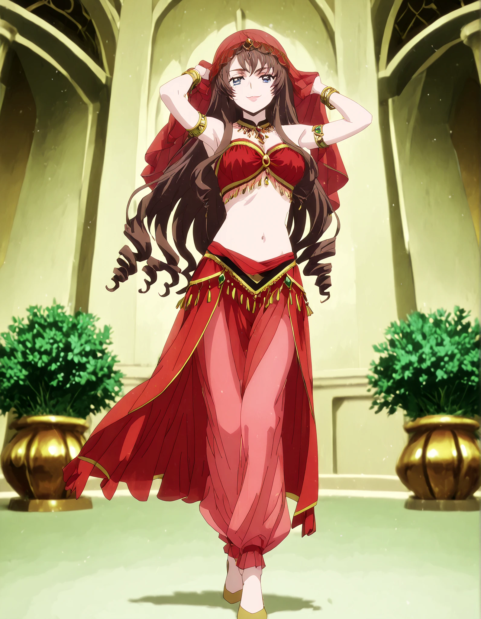 (1girl:1 . 5) , (Seul:1 . 5) , score_9 , score_8_haut , score_7_haut , source_anime , Official work , ultra-detailed , masterpiece , better quality , high resolution , beaux yeux , detailed eyes , Detailed face , beautiful detailed eyes,long hair,dark brown hair, aqua eyes, drill hair,Cardfight Vanguard Divinez,Tomari Seto,Arabian Clothes , Arabian Dancer Outfit ,belly dancer costume,belly dancer outfit ,full body,golden jewelery,armlet, belly dancing,arabian garden,seductive smile, dancing with veil, dynamic movement,dance posture, seductive pose