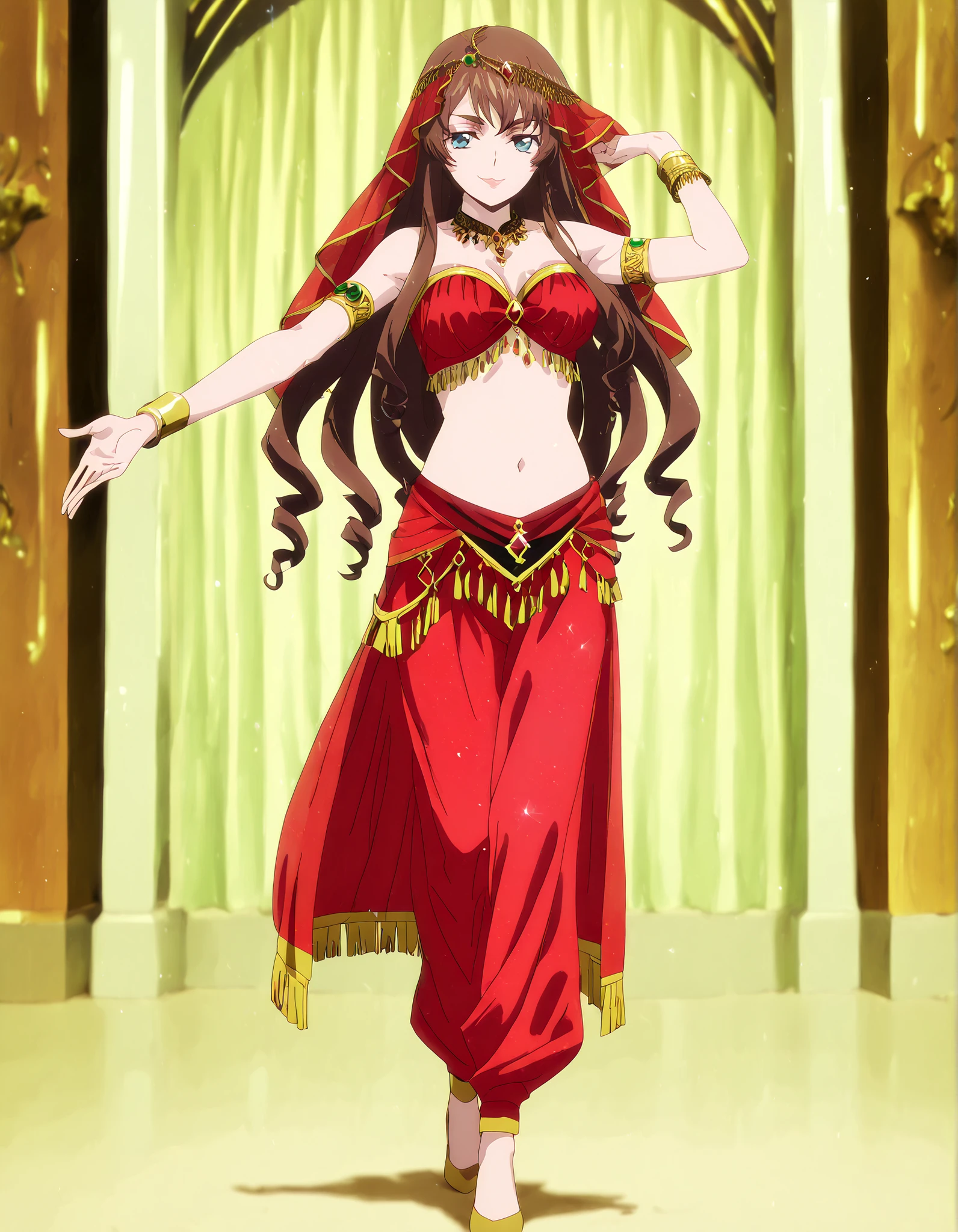 (1girl:1 . 5) , (Seul:1 . 5) , score_9 , score_8_haut , score_7_haut , source_anime , Official work , ultra-detailed , masterpiece , better quality , high resolution , beaux yeux , detailed eyes , Detailed face , beautiful detailed eyes,long hair,dark brown hair, aqua eyes, drill hair,Cardfight Vanguard Divinez,Tomari Seto,Arabian Clothes , Arabian Dancer Outfit ,belly dancer costume,belly dancer outfit ,full body,golden jewelery,armlet, belly dancing,arabian garden,seductive smile, dancing with veil, dynamic movement,dance posture, seductive pose