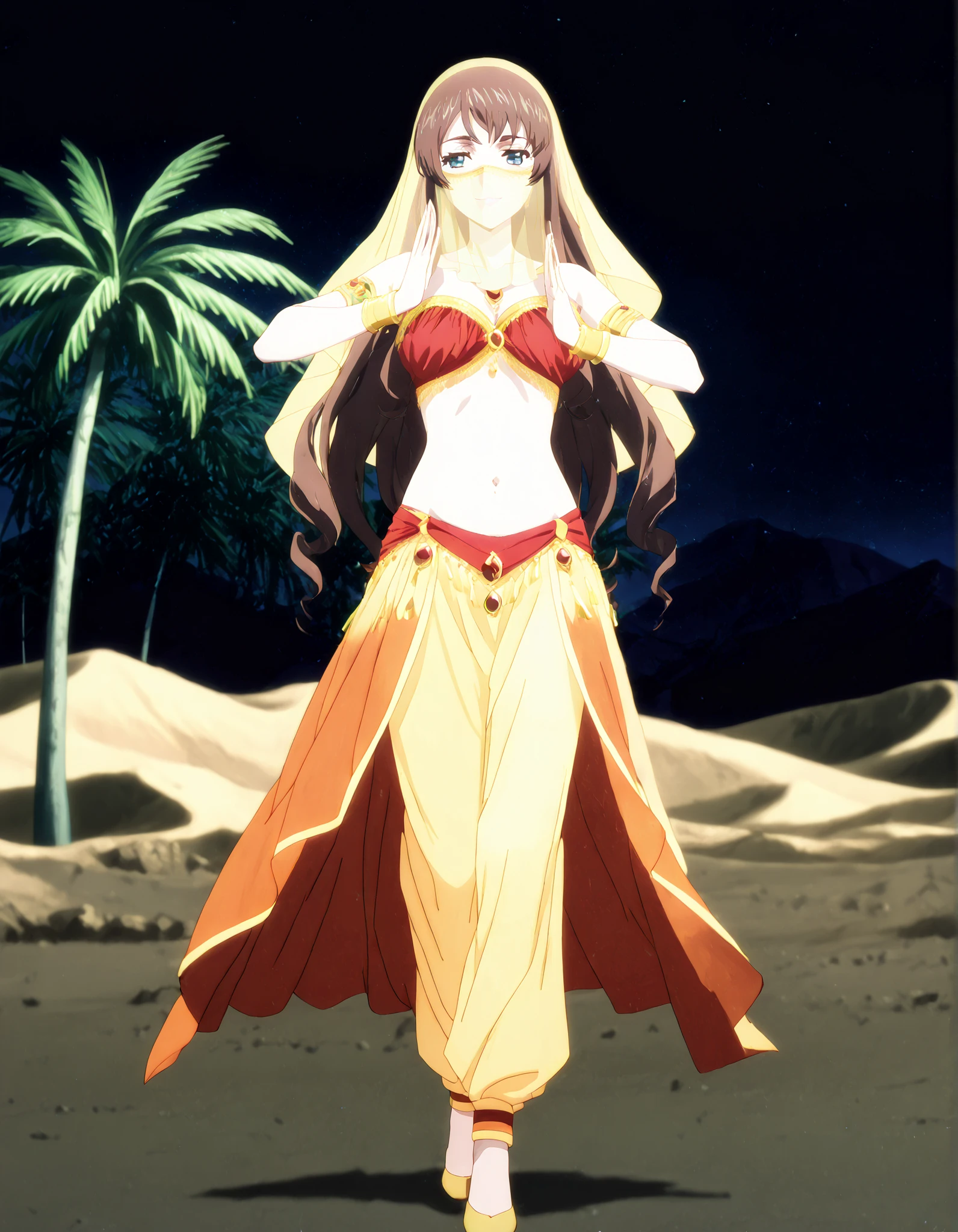 (1girl:1 . 5) , (Seul:1 . 5) , score_9 , score_8_haut , score_7_haut , source_anime , Official work , ultra-detailed , masterpiece , better quality , high resolution , beaux yeux , detailed eyes , Detailed face , beautiful detailed eyes,long hair,dark brown hair, aqua eyes, drill hair,Cardfight Vanguard Divinez,Tomari Seto,Arabian Clothes , Arabian Dancer Outfit ,belly dancer costume,belly dancer outfit ,full body,golden jewelery,face veil,armlet, belly dancing,night,desert lands,palm tree,seductive smile, dancing with veil, dynamic movement,dance posture, seductive pose